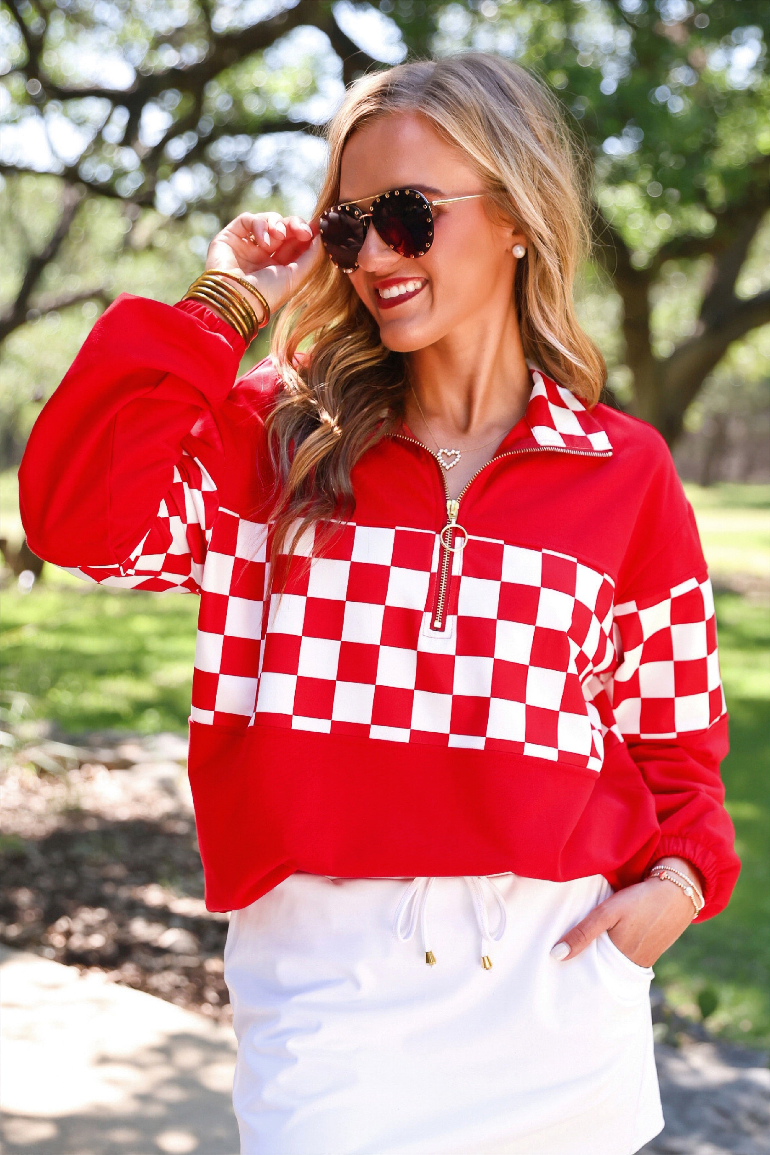 PREORDER: End Zone Checkered Pullover / Red by Jess Lea (ETA: July)
