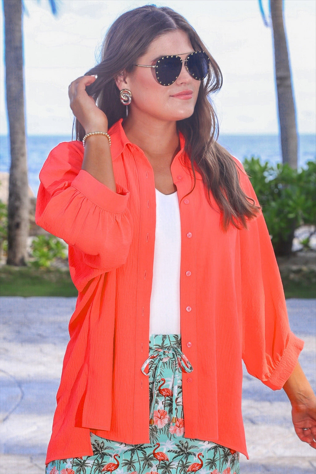 PREORDER: Sloane Button Up Top / Neon Coral by Jess Lea (ETA: February)