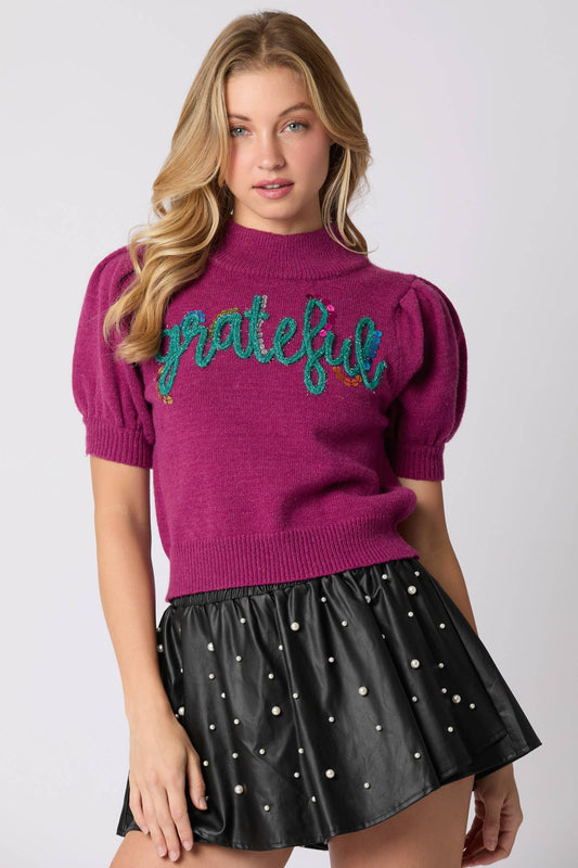 'Grateful' Puff Short Sleeve Sweater - BFF Here