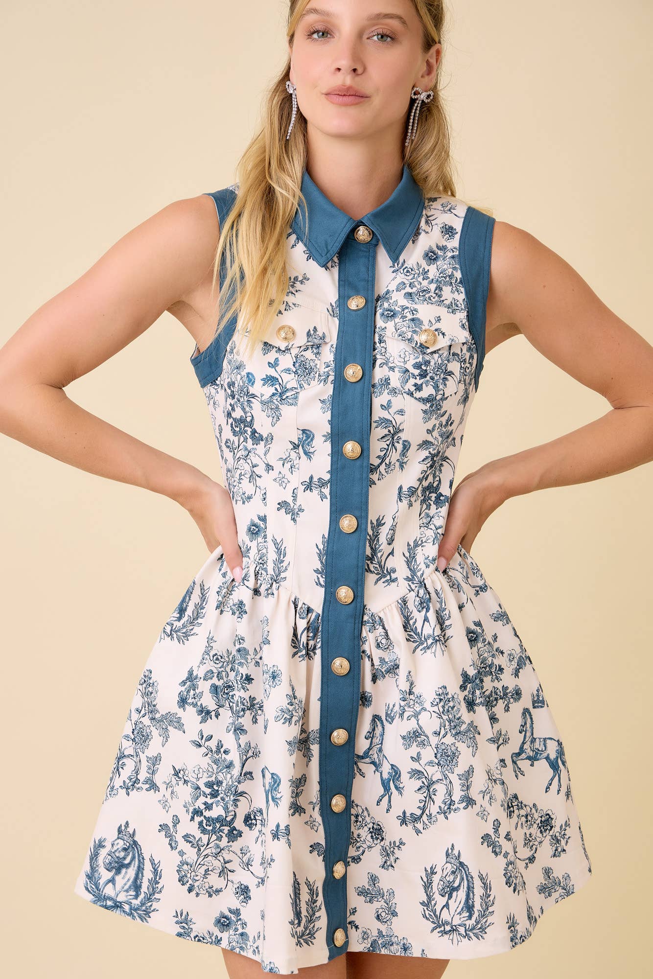 Vintage Horse Toile Print Denim Mini Dress - BFF Here