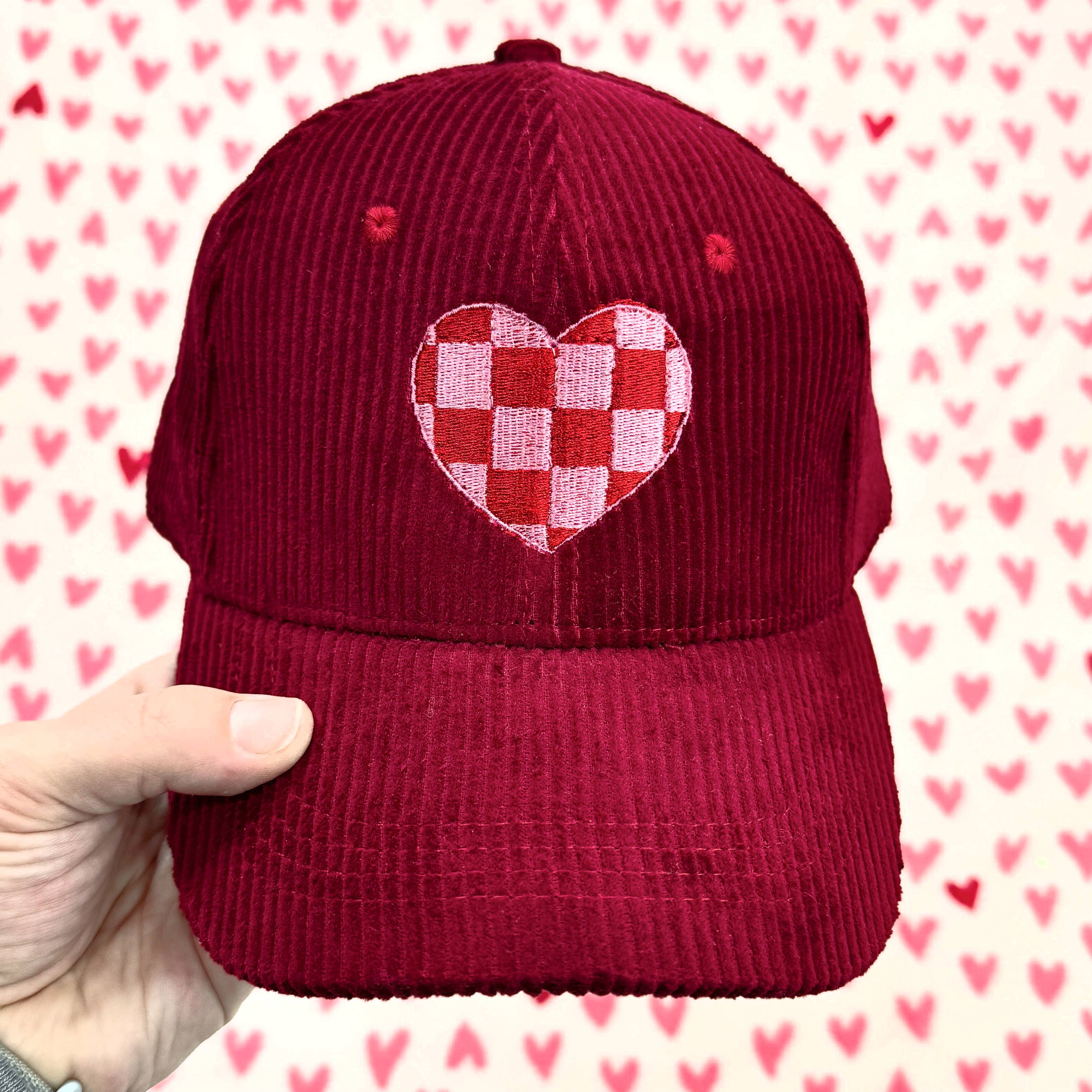 Cranberry Corduroy Hat With Embroidered Checkered Heart - BFF Here
