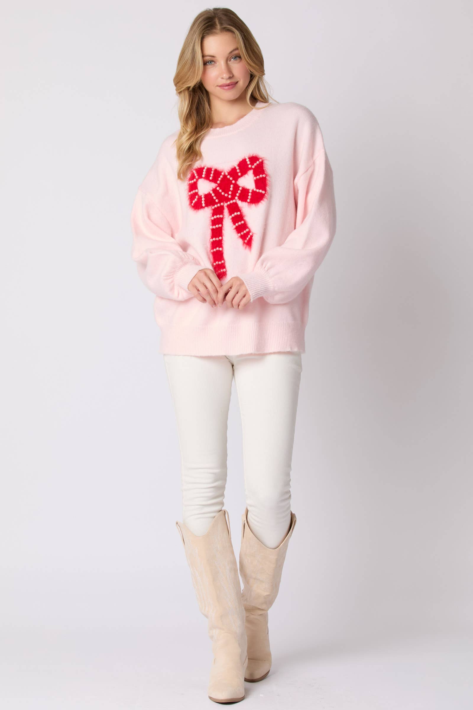 Tickled Pink Pearl Bow Sweater - BFF Here