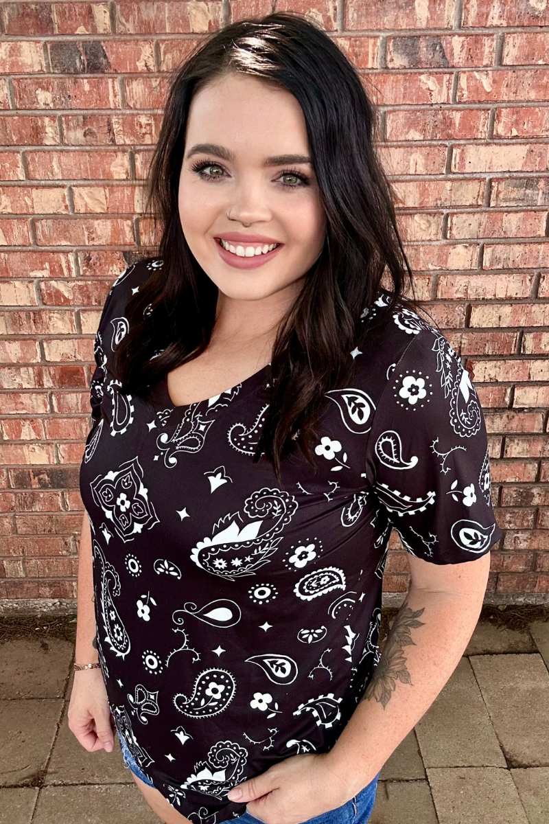 Black Bandana Babe V Neck Top by Sterling Kreek - BFF Here