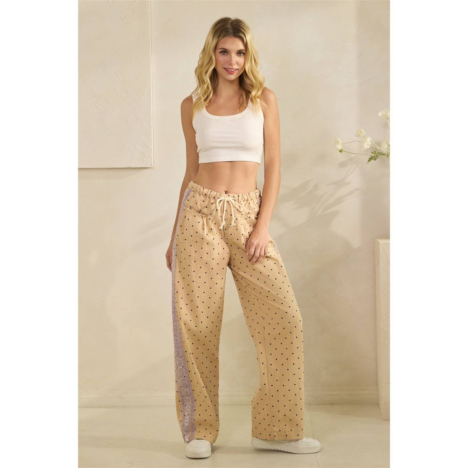 Polka Dot Pants with Satin Contrast Accents - BFF Here