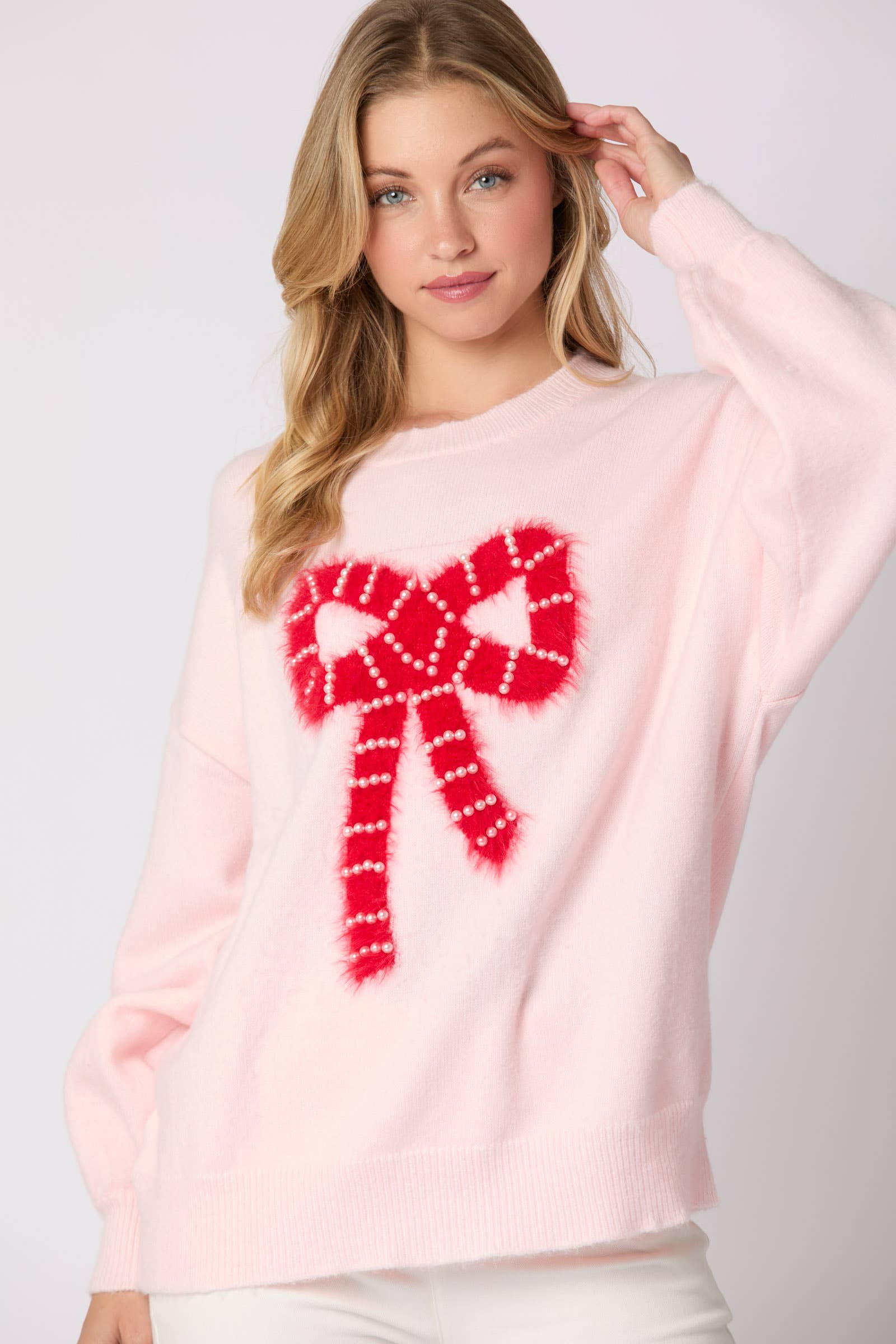 Tickled Pink Pearl Bow Sweater - BFF Here