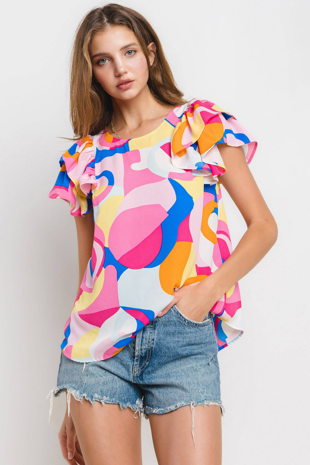 Abstract Sunshine Geometric Ruffle Sleeve Top / Choice of Color - BFF Here