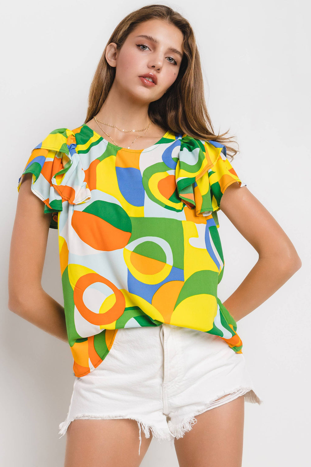 Abstract Sunshine Geometric Ruffle Sleeve Top / Choice of Color - BFF Here
