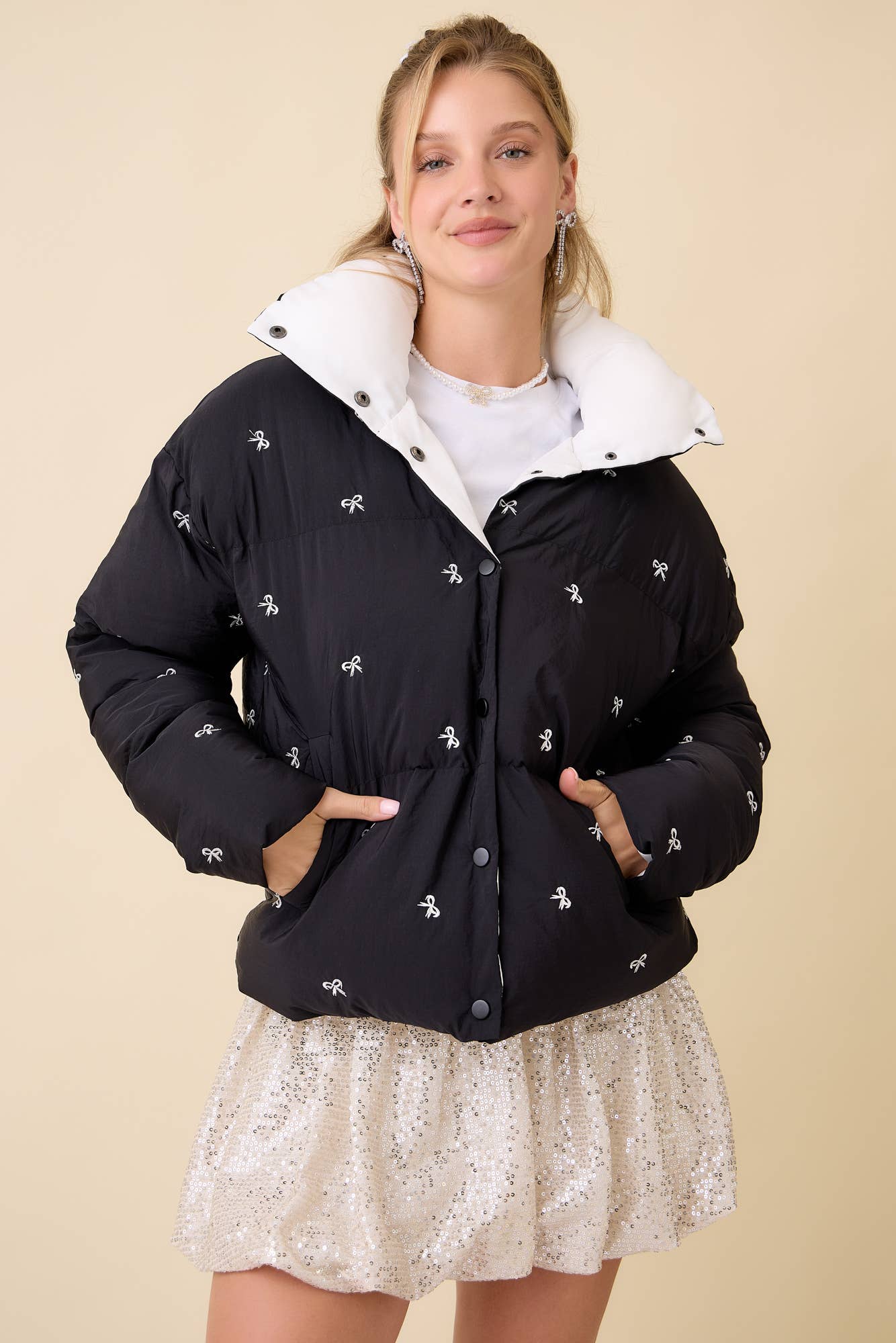 Ribbon Bow Embroidered Puffer Jacket - BFF Here