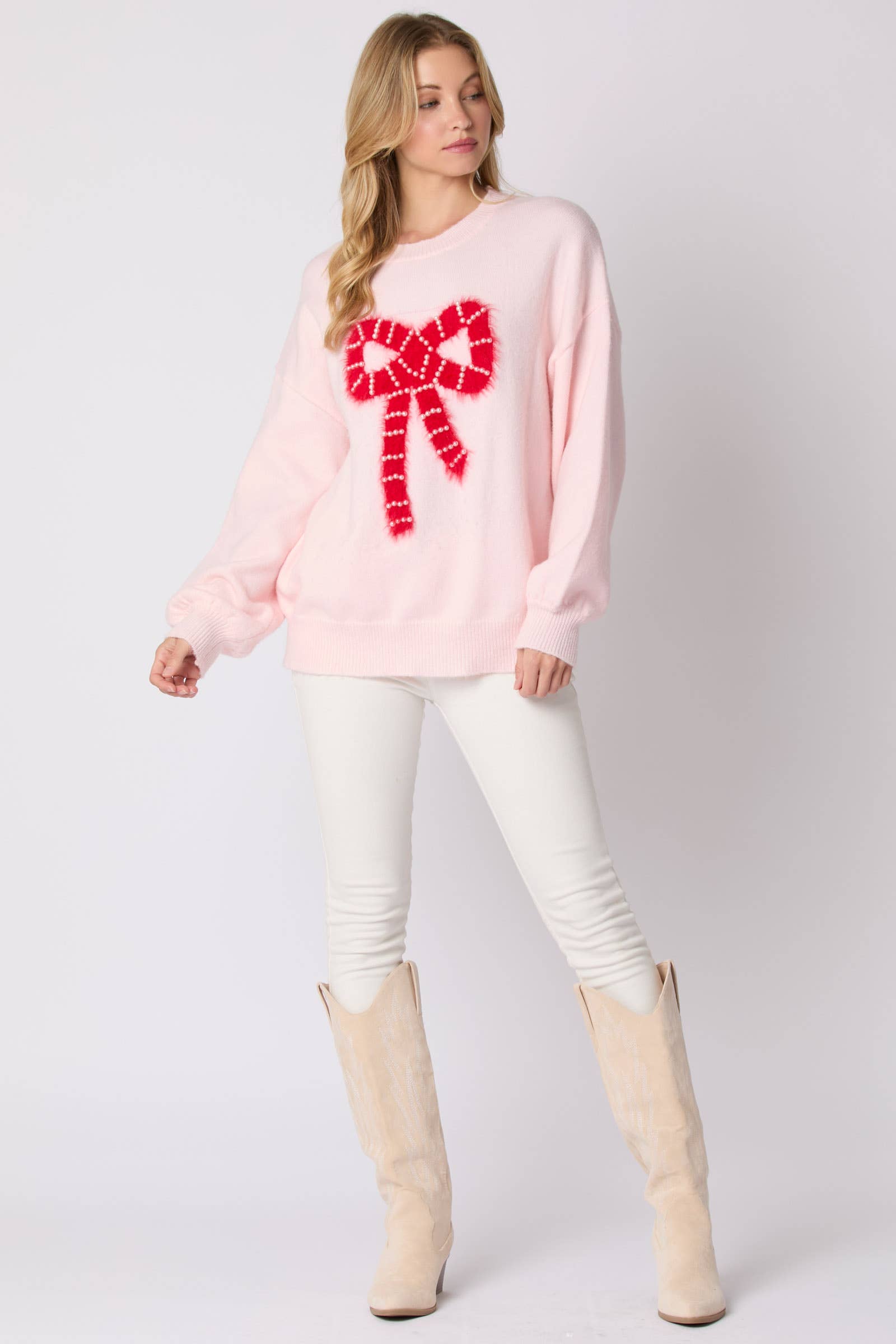 Tickled Pink Pearl Bow Sweater - BFF Here