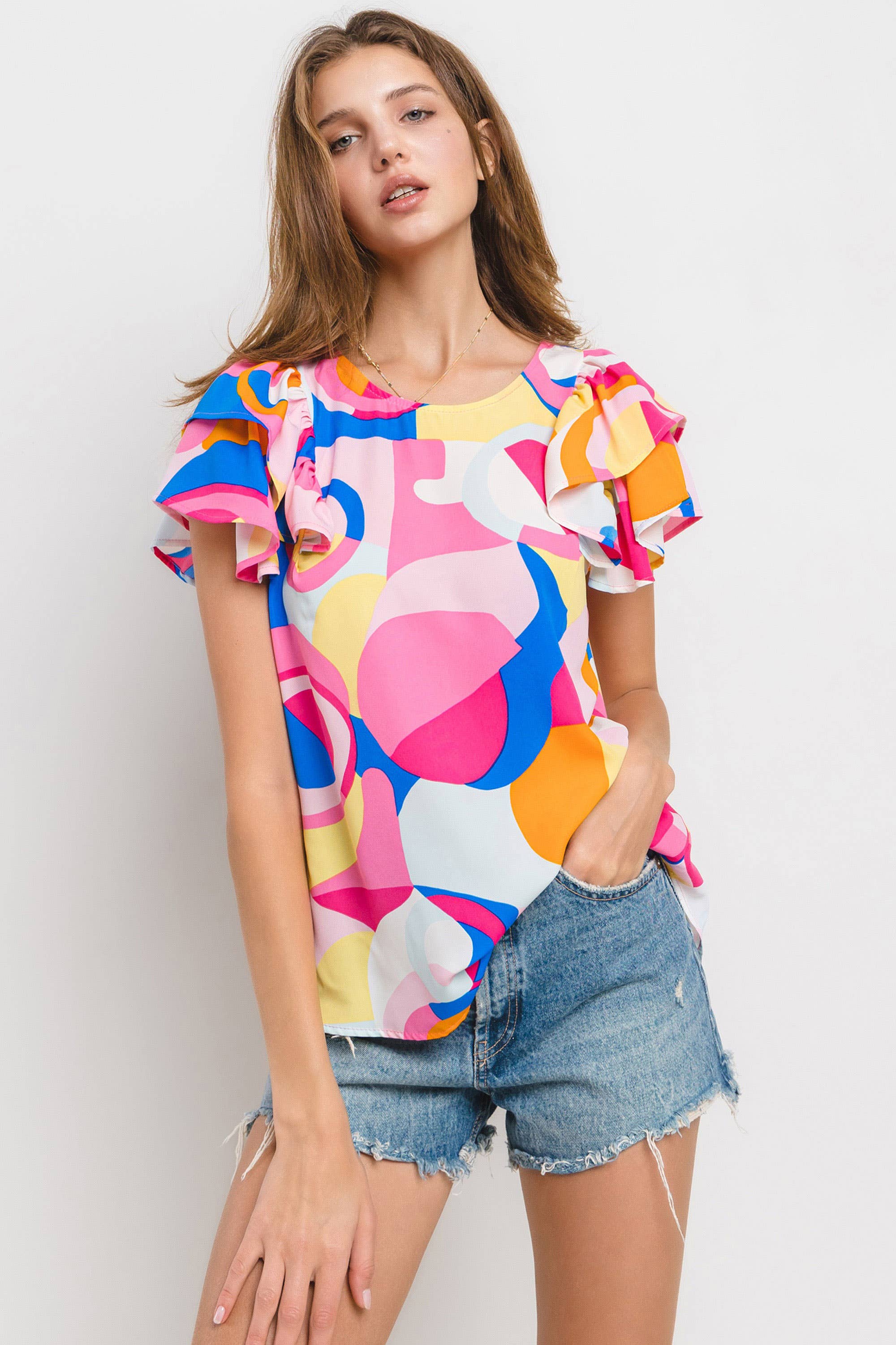 Abstract Sunshine Geometric Ruffle Sleeve Top / Choice of Color - BFF Here