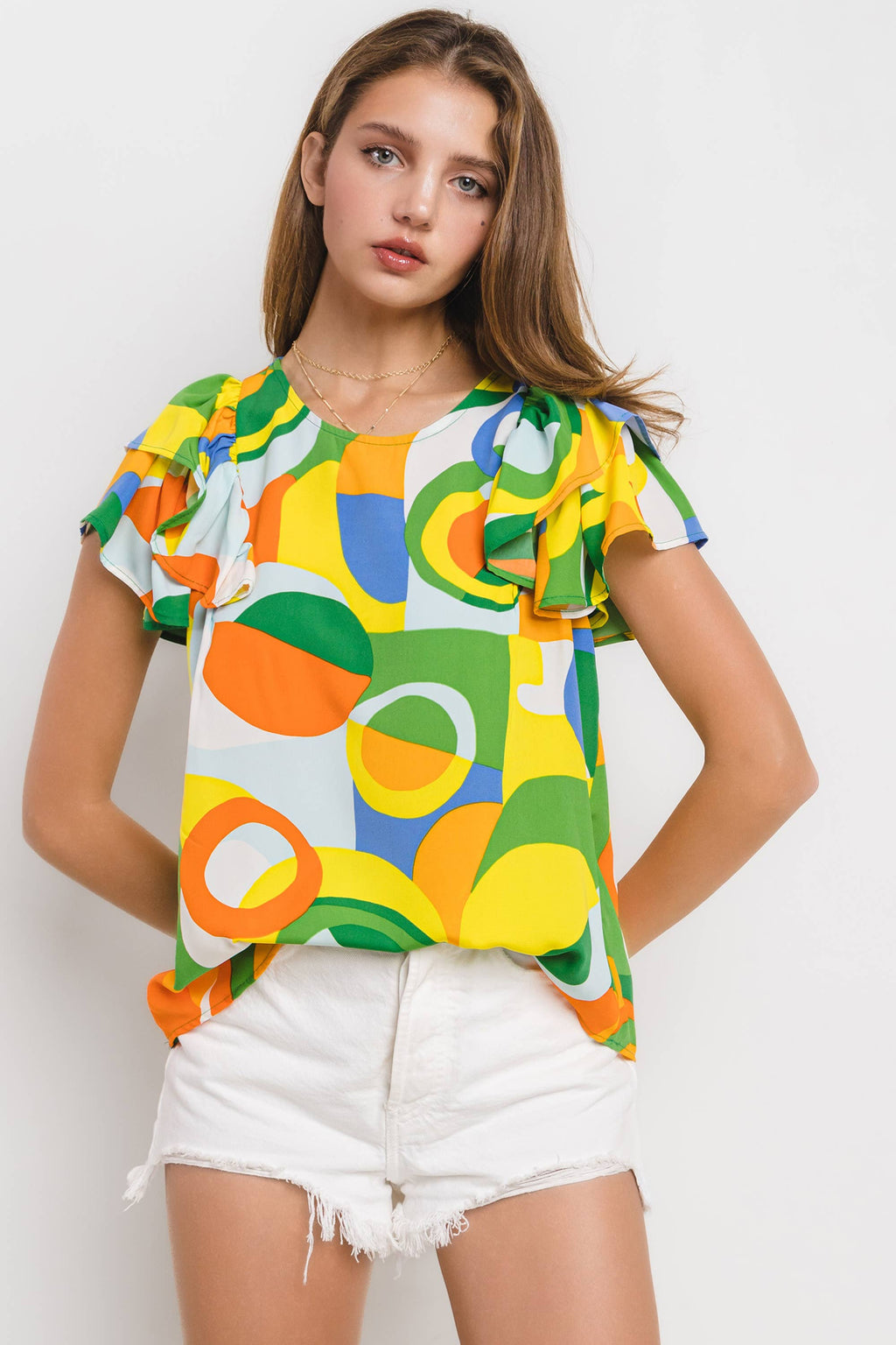 Abstract Sunshine Geometric Ruffle Sleeve Top / Choice of Color - BFF Here