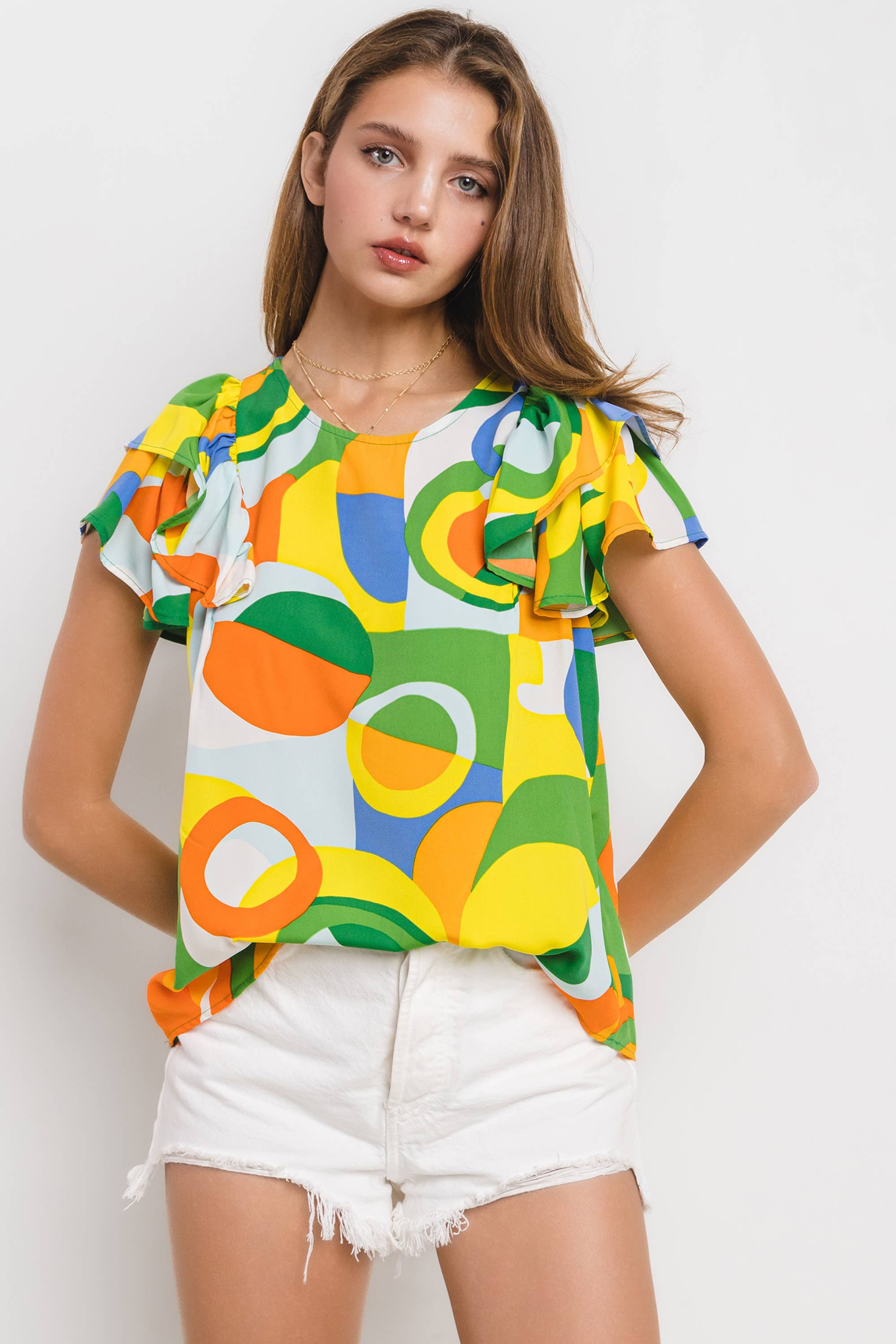 Abstract Sunshine Geometric Ruffle Sleeve Top / Choice of Color - BFF Here