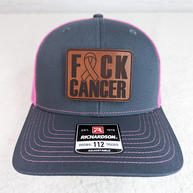 F*ck Cancer Leather Patch on Pink Trucker Cap - BFF Here