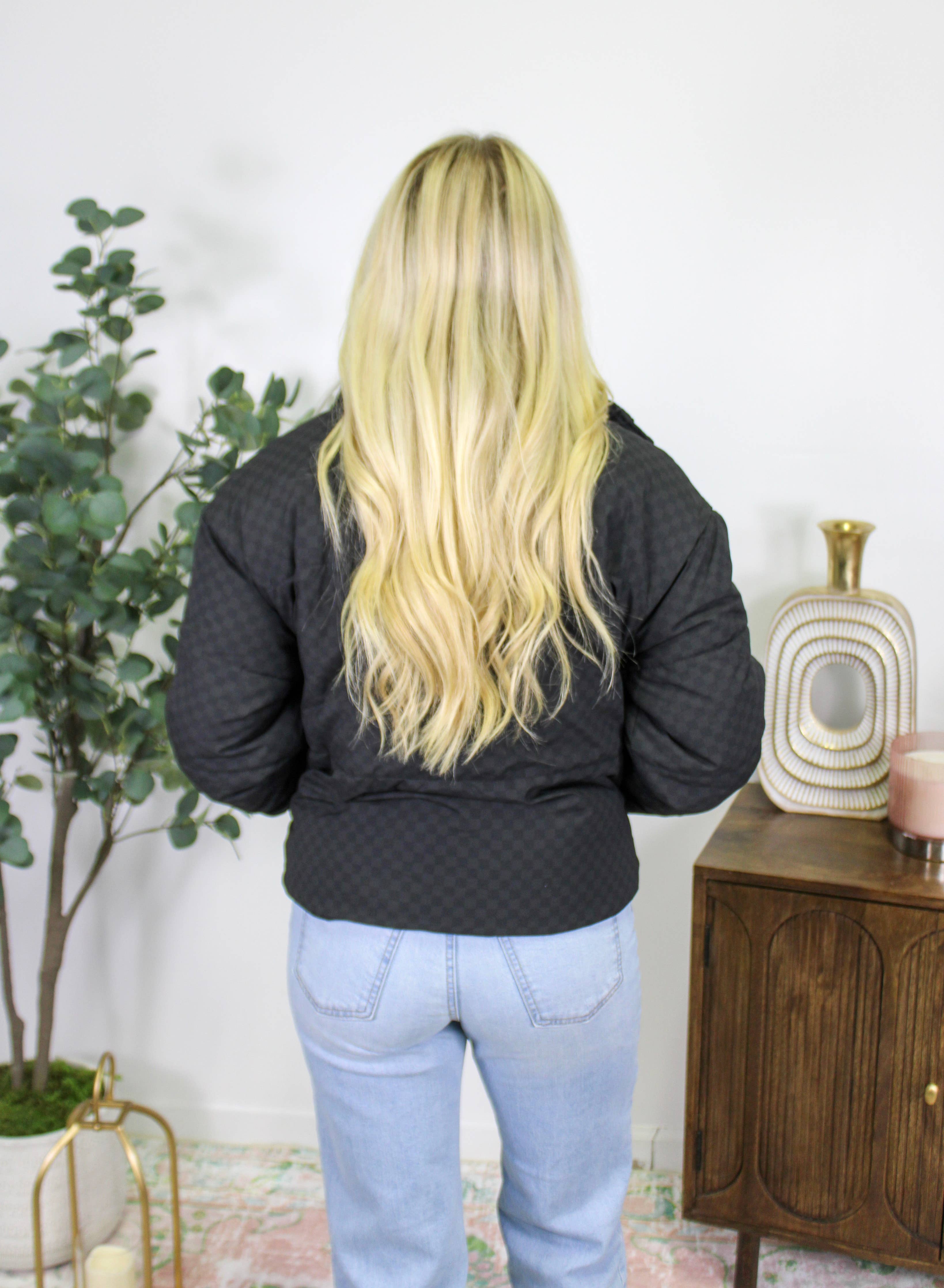 Midnight Check Quilted Black Puffer Jacket - BFF Here