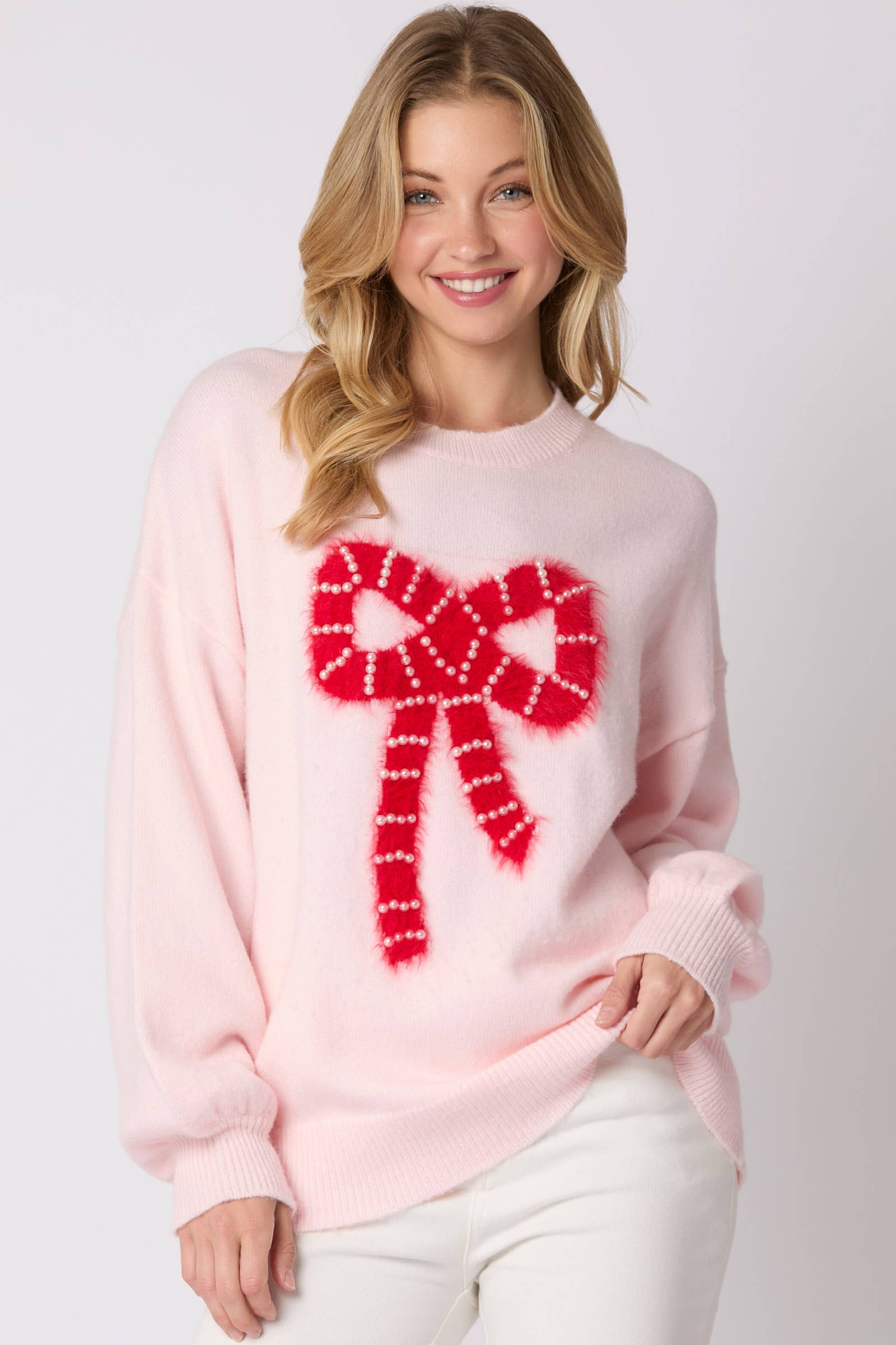 Tickled Pink Pearl Bow Sweater - BFF Here