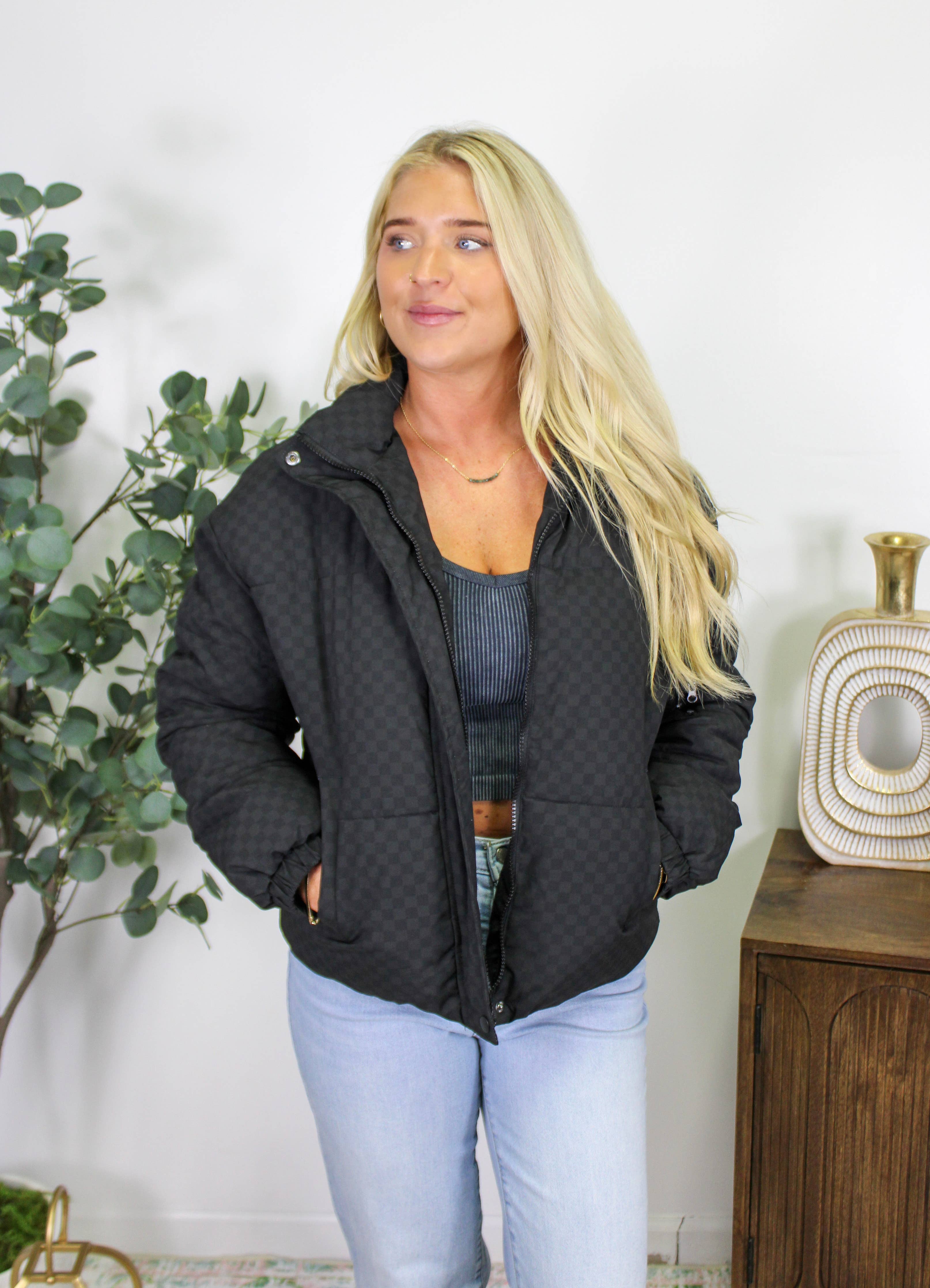 Midnight Check Quilted Black Puffer Jacket - BFF Here