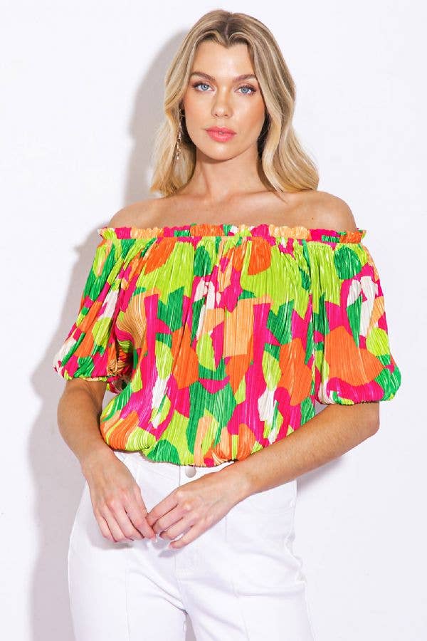 Tropical Burst Off-Shoulder Pleated Top - BFF Here