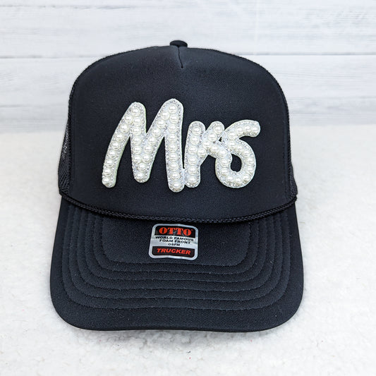 Wifey Glam Pearl Studded Black Trucker Hat - BFF Here