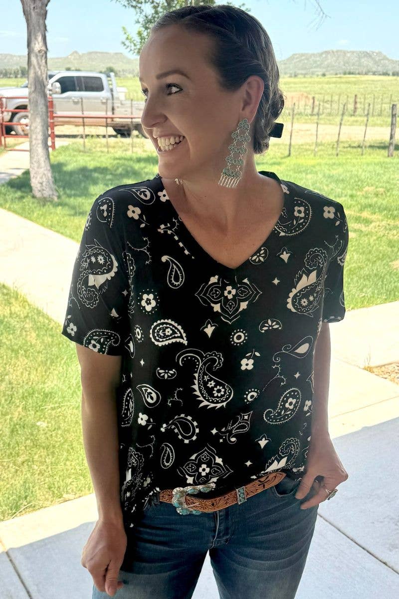 Black Bandana Babe V Neck Top by Sterling Kreek - BFF Here