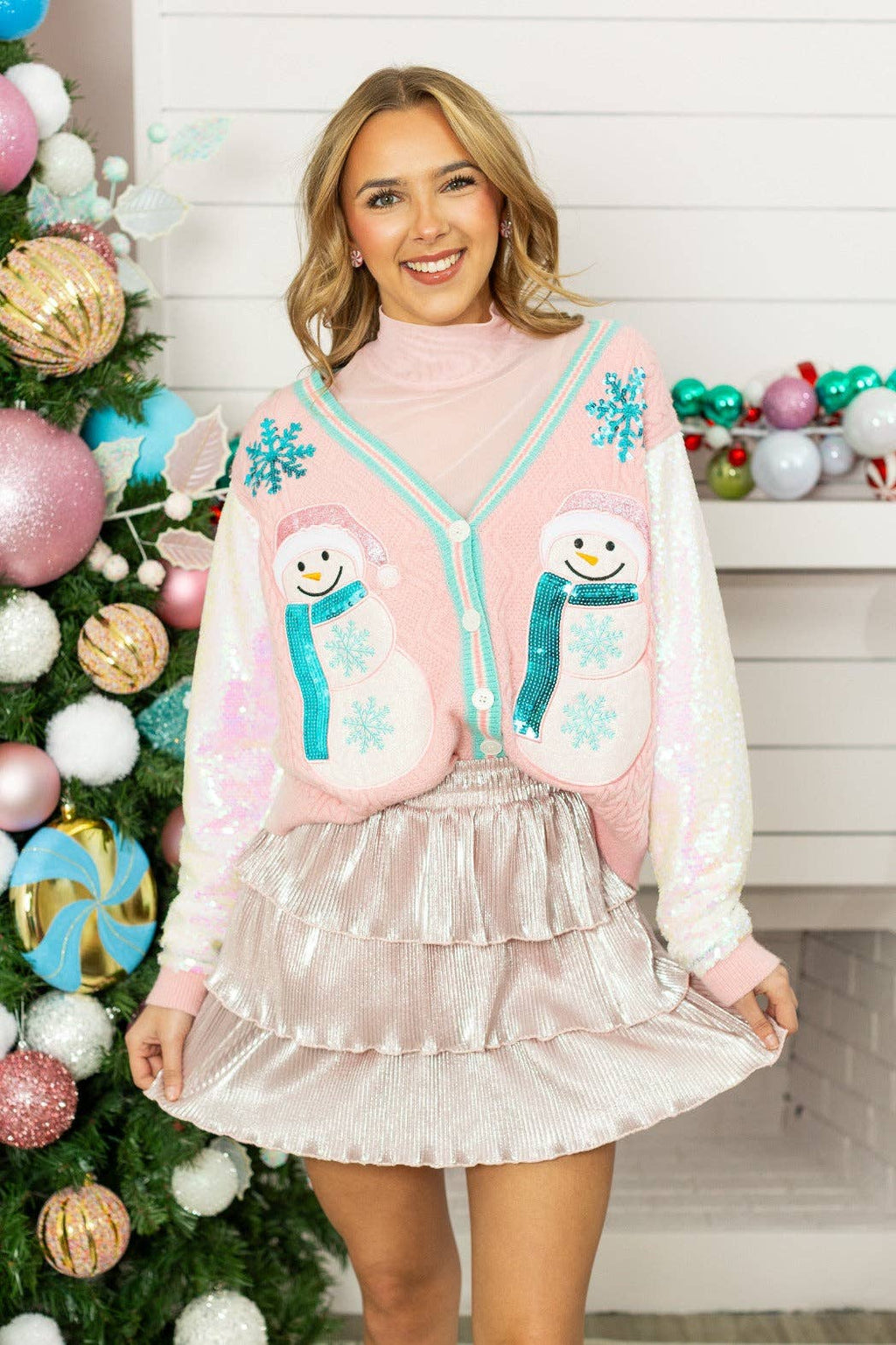 Snowman Cardigan with Sequin Sleeves by Grace & Emma - BFF Here