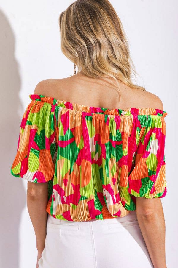 Tropical Burst Off-Shoulder Pleated Top - BFF Here