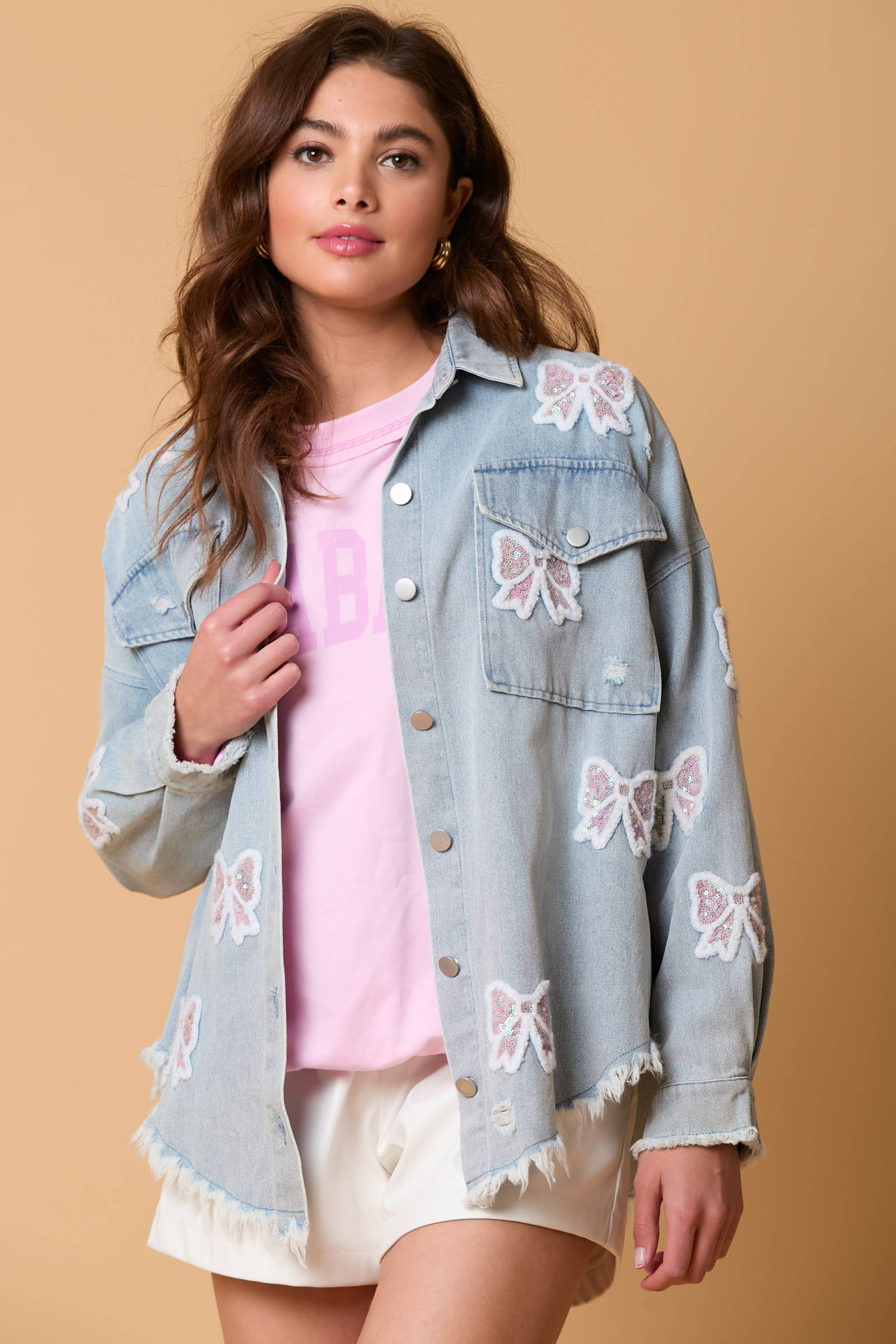 Bow Delight Frayed Denim Shacket - BFF Here