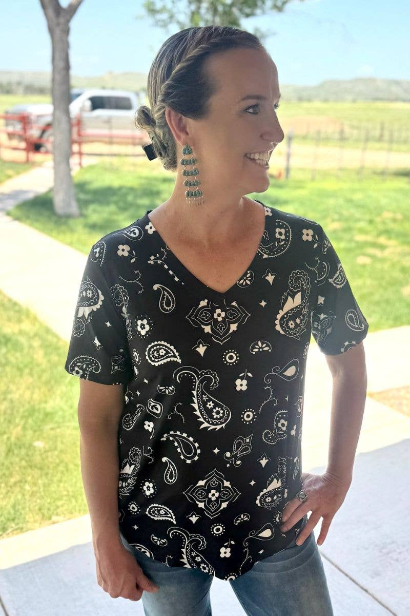 Black Bandana Babe V Neck Top by Sterling Kreek - BFF Here