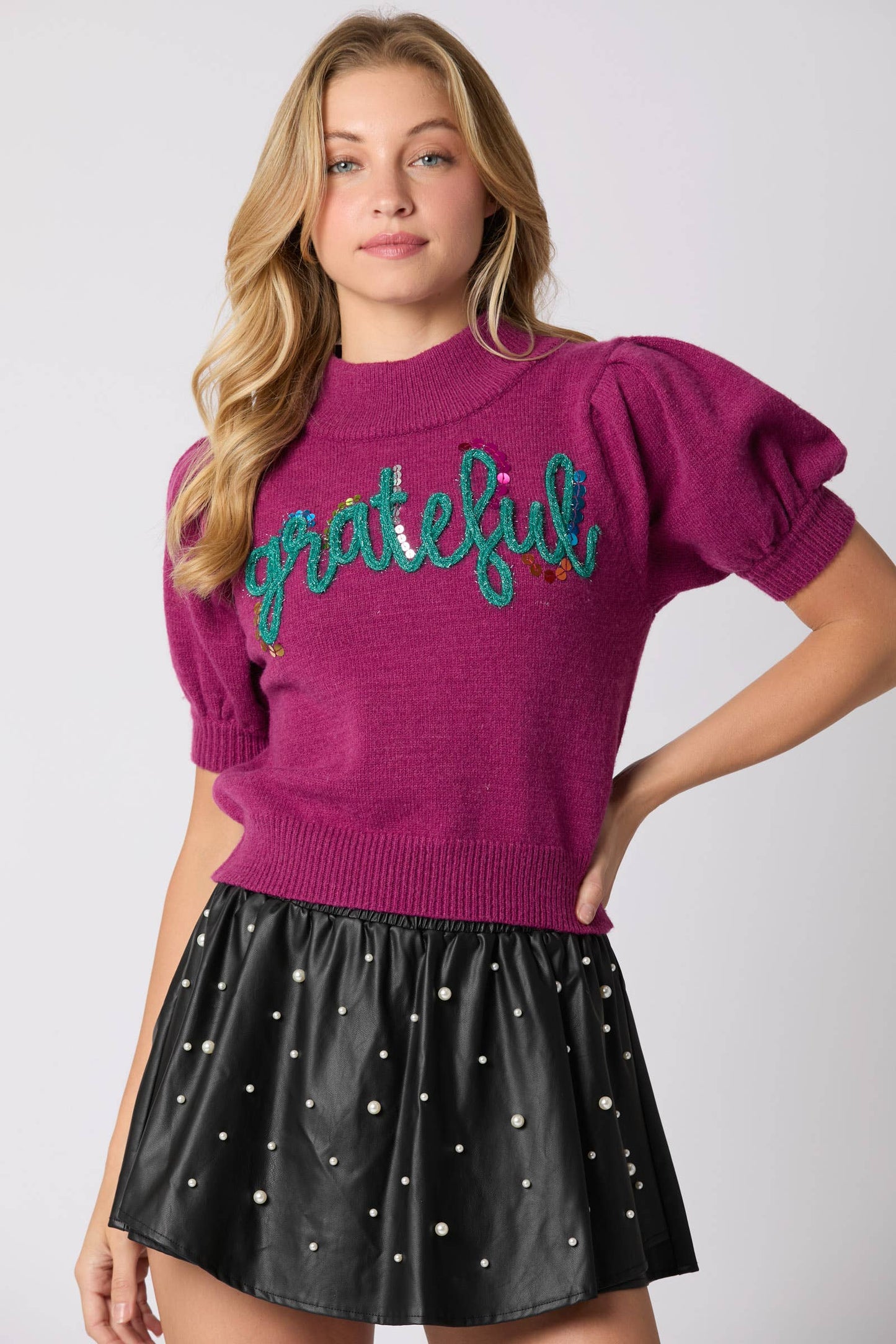 'Grateful' Puff Short Sleeve Sweater - BFF Here