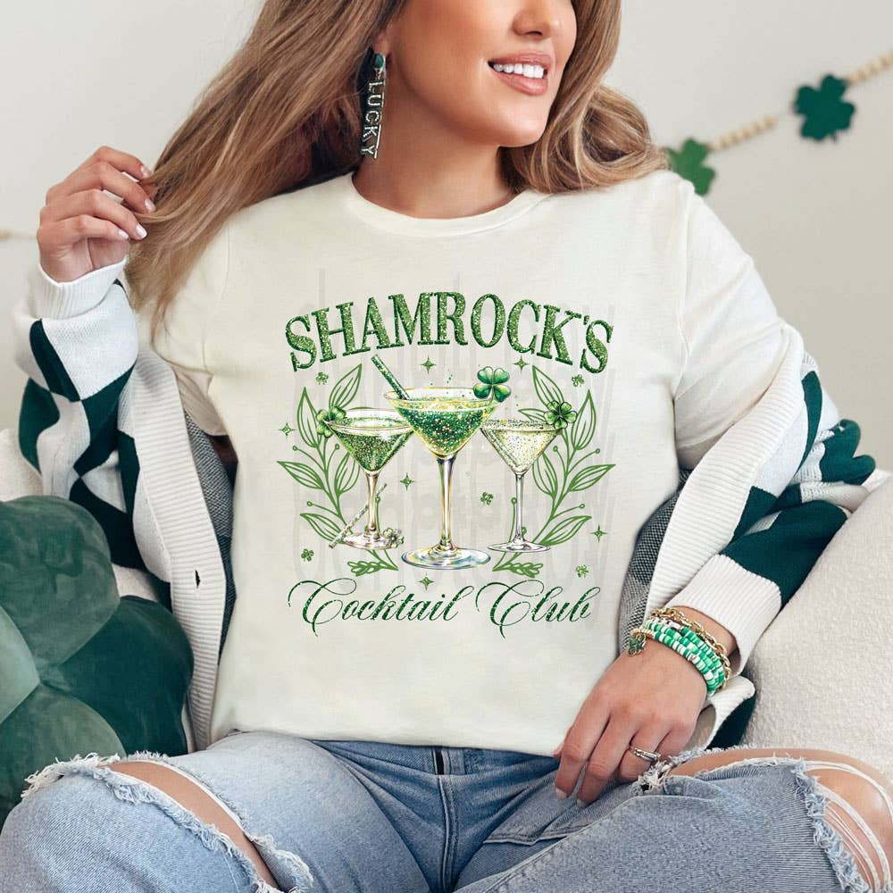 Shamrock's Cocktail Club Faux Glitter Natural Everyday Tee - BFF Here