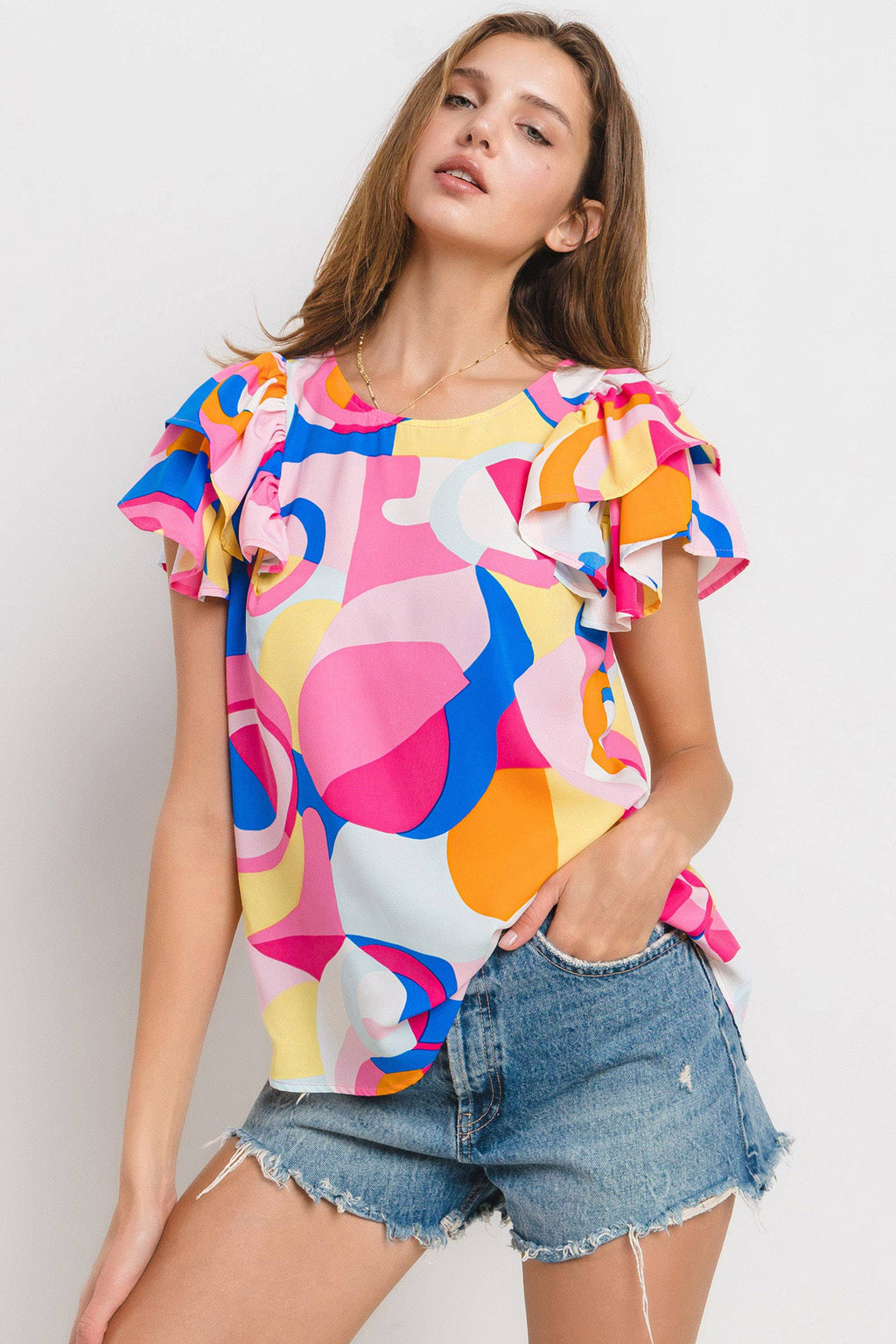 Abstract Sunshine Geometric Ruffle Sleeve Top / Choice of Color - BFF Here
