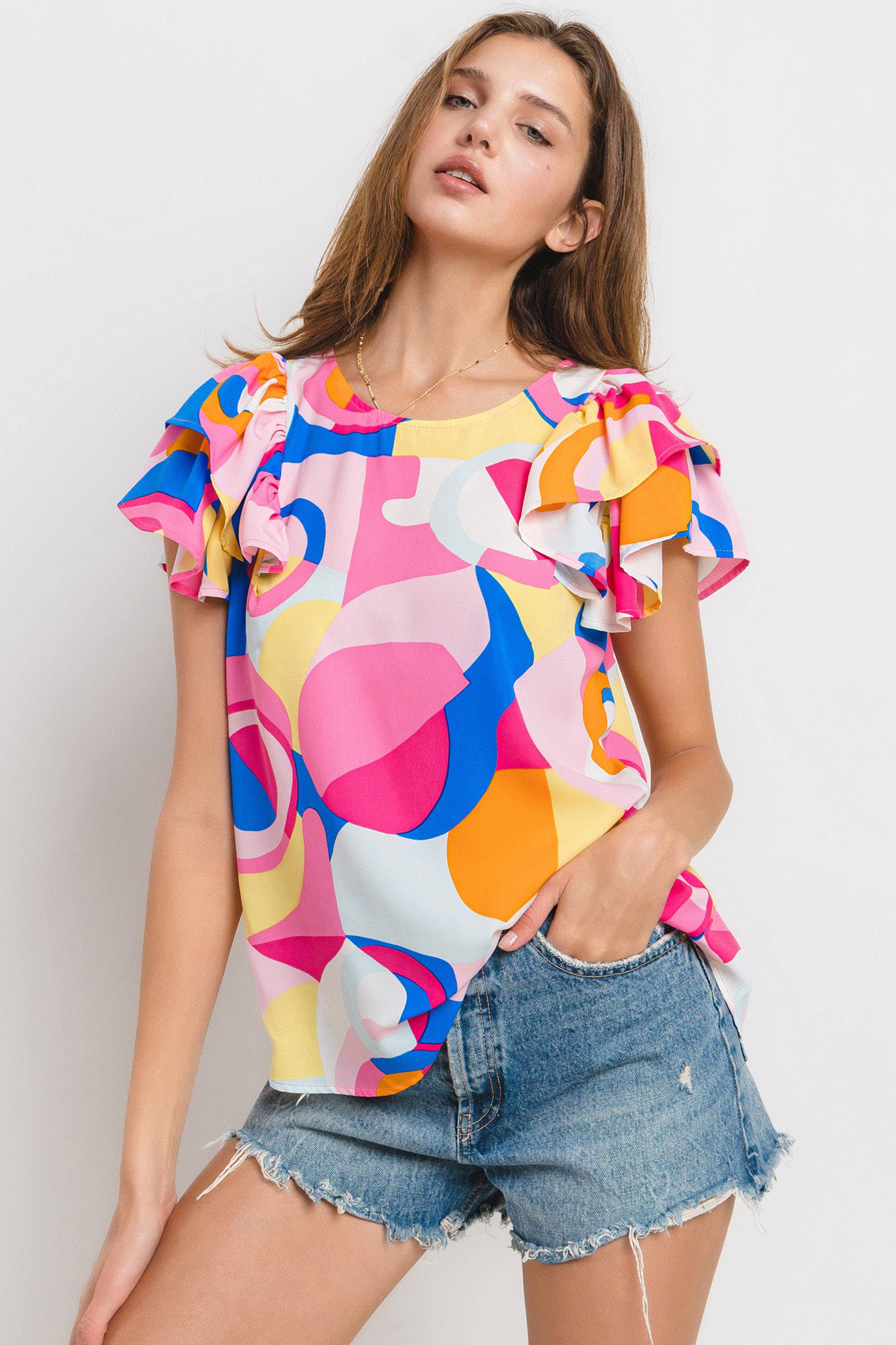 Abstract Sunshine Geometric Ruffle Sleeve Top / Choice of Color - BFF Here