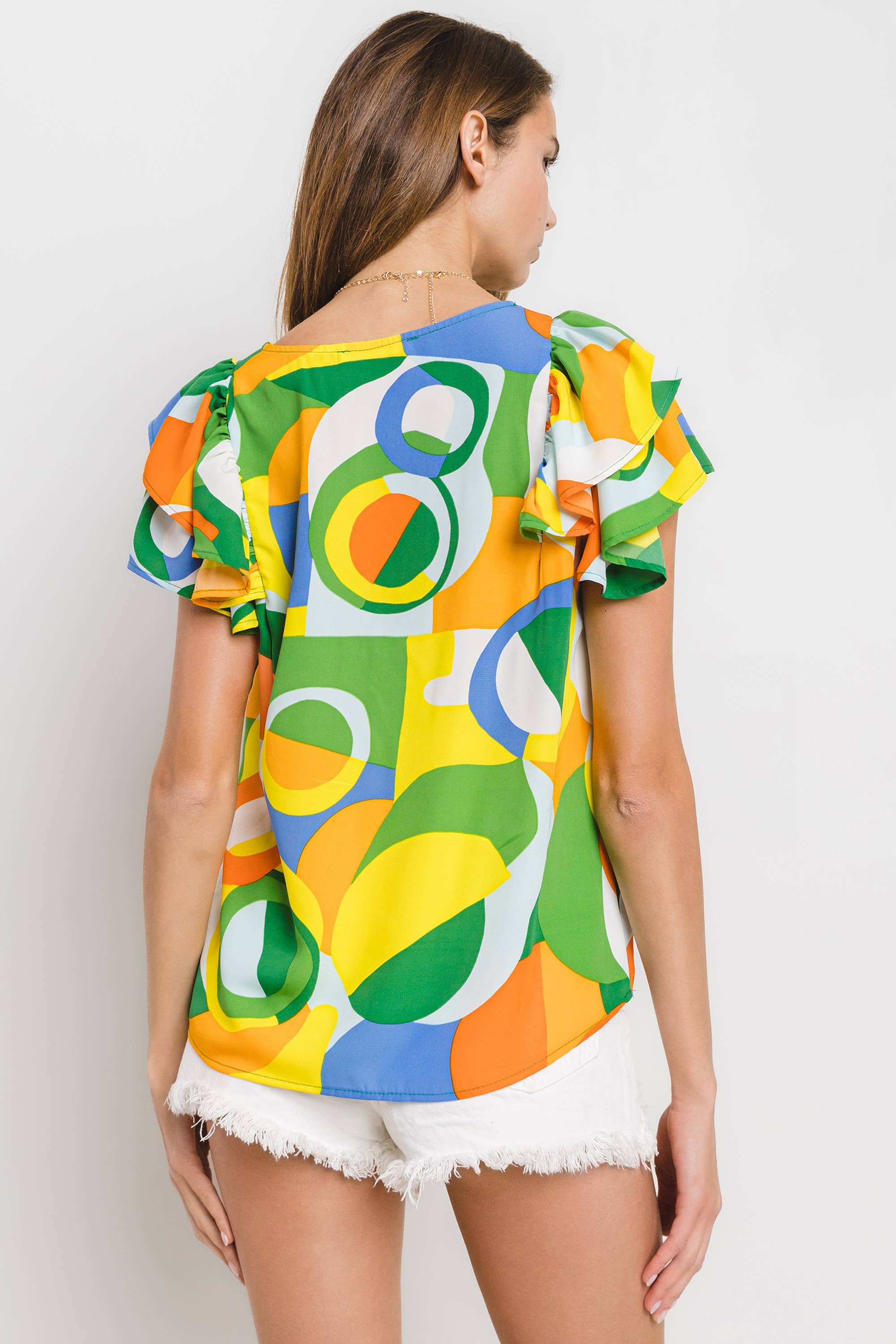 Abstract Sunshine Geometric Ruffle Sleeve Top / Choice of Color - BFF Here