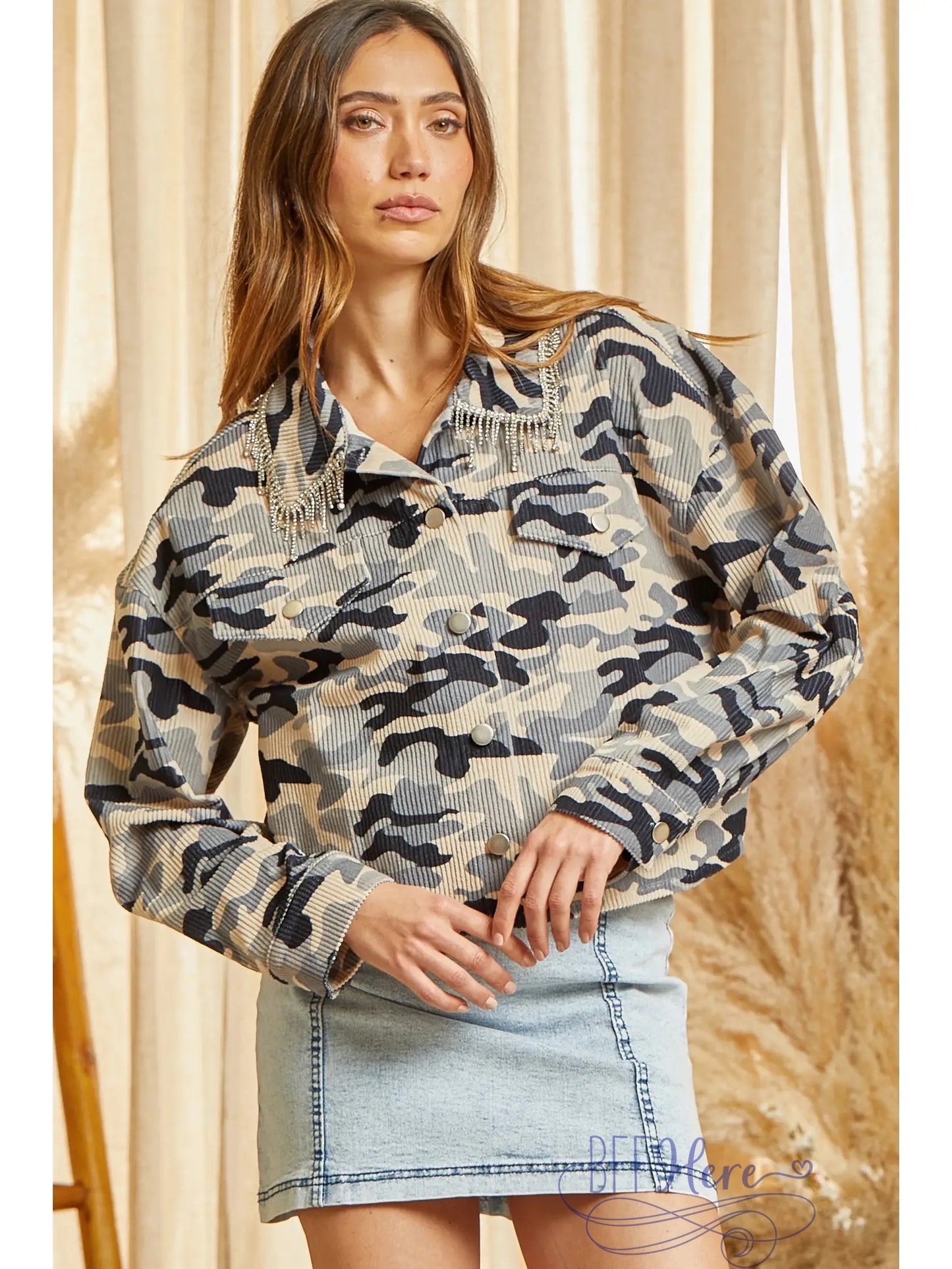 Urban Sparkle: Rhinestone-Detailed Camo Jacket - BFF Here