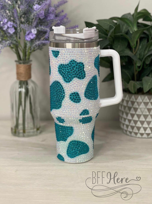 PREORDER — 40 oz. Cow Bling Stainless Steel Tumbler / Teal - BFF Here