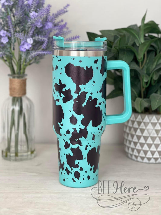 PREORDER — 40 oz. Stainless Steel Cow Tumbler / Teal - BFF Here