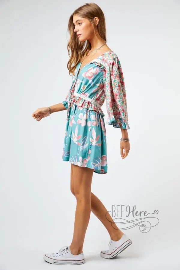 Kona Floral Print Flared Sleeve Romper - BFF Here