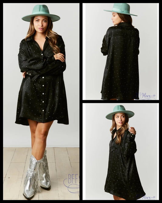 PREORDER: Onyx Radiance: Rhinestone Embellished Shirt Dress - BFF Here