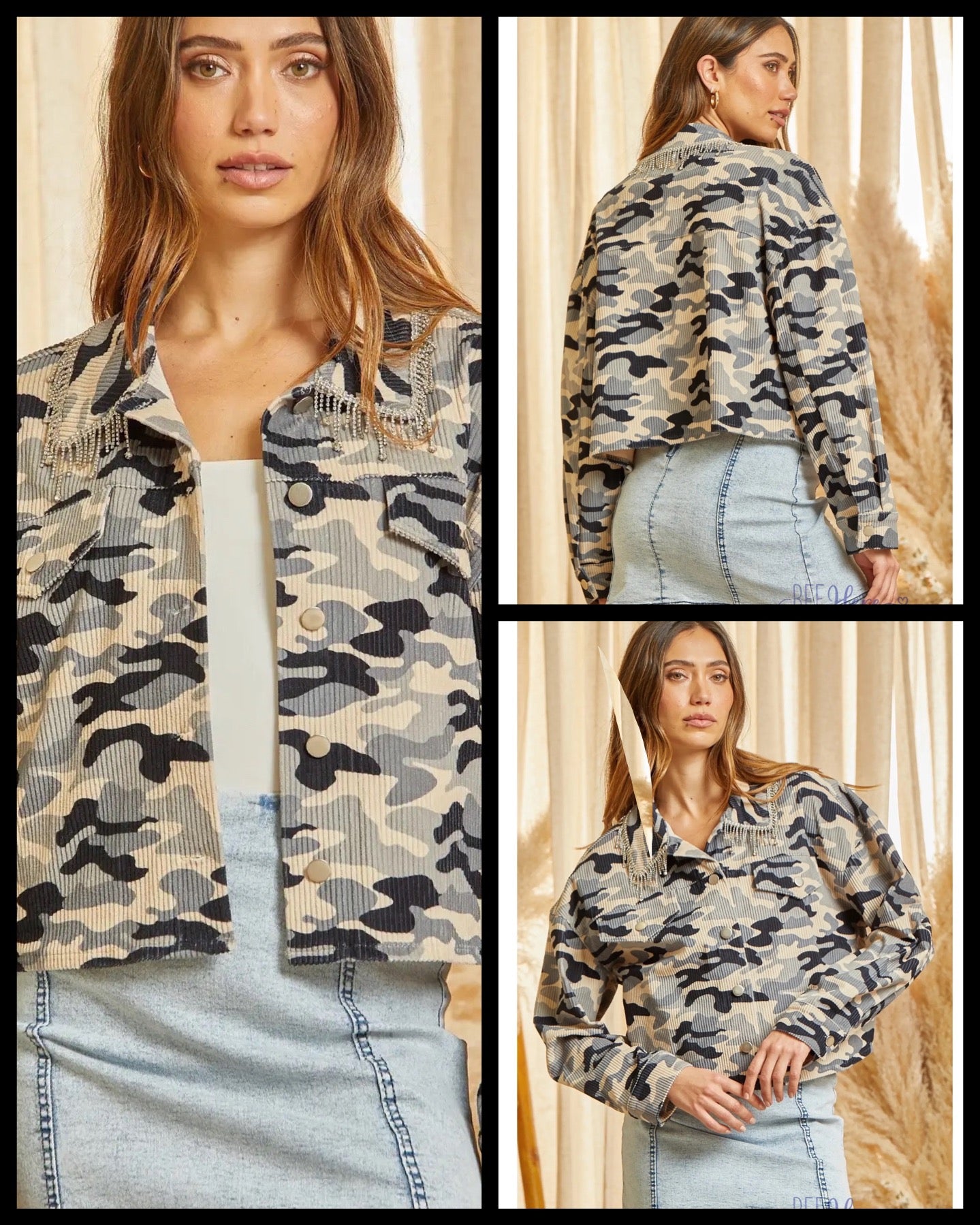 Urban Sparkle: Rhinestone-Detailed Camo Jacket - BFF Here