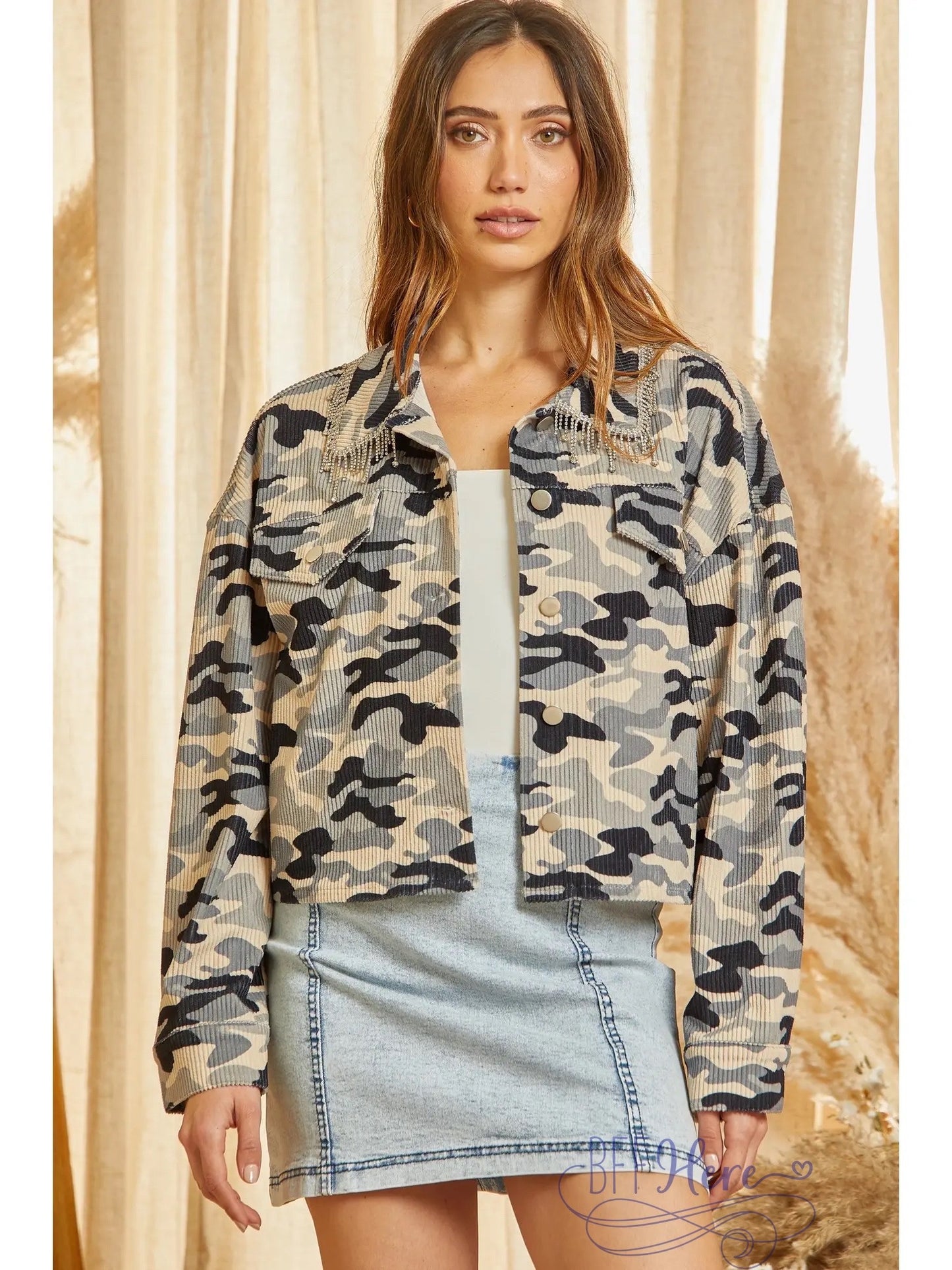 Urban Sparkle: Rhinestone-Detailed Camo Jacket - BFF Here