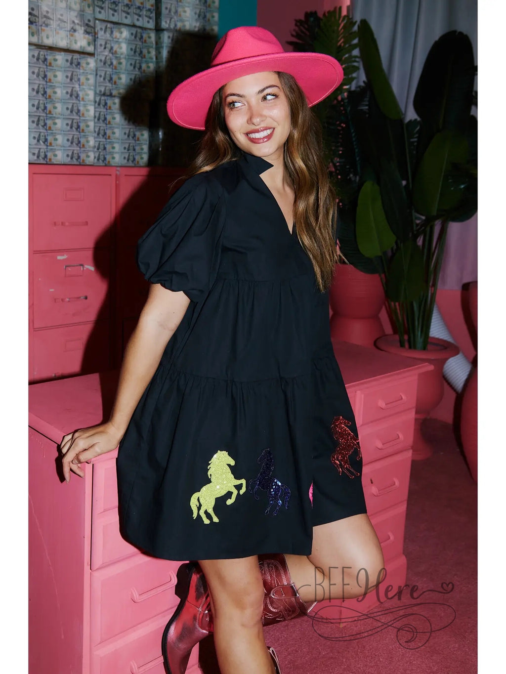 Royal Ascot Poplin Dress With Sequin Horses - BFF Here