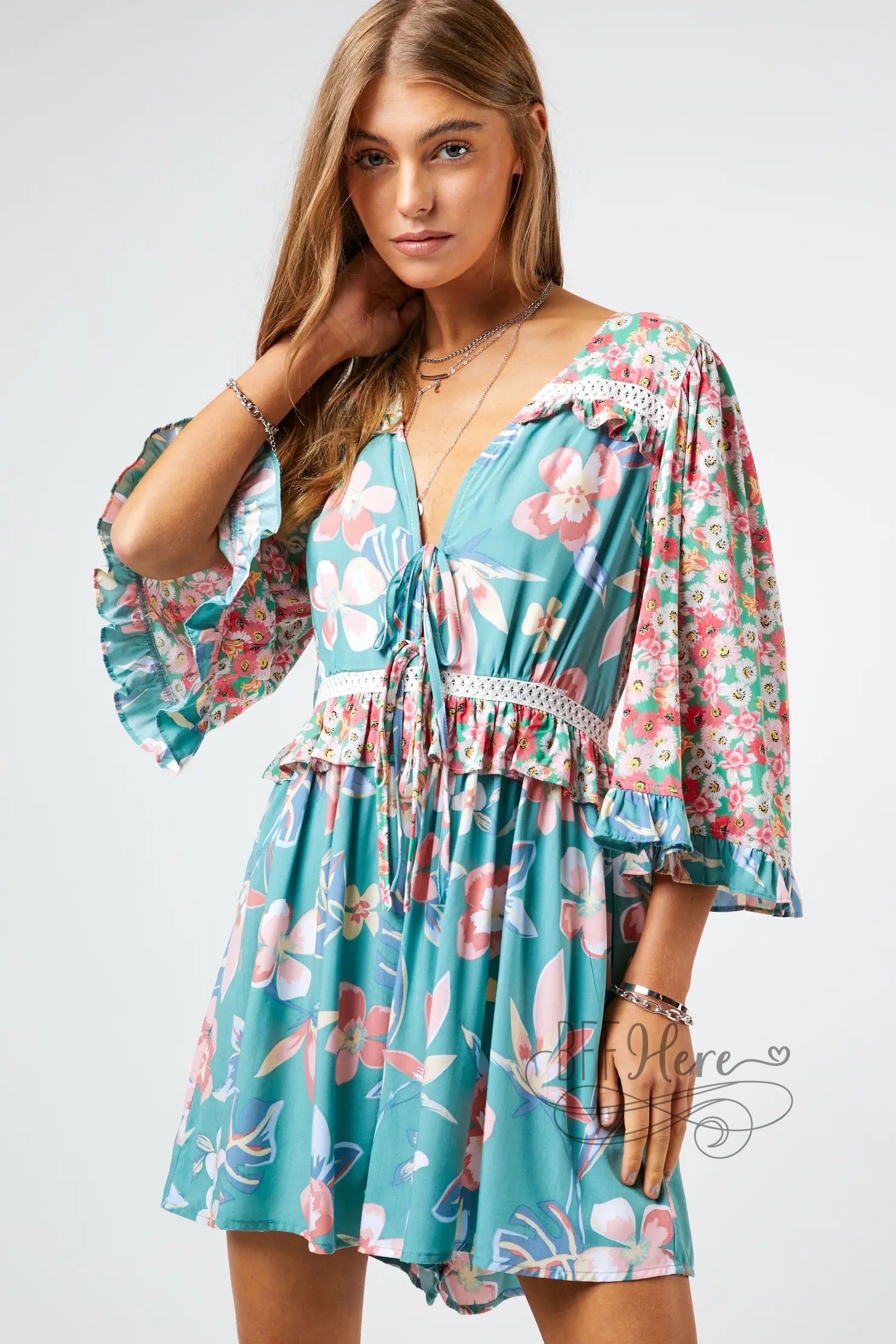 Kona Floral Print Flared Sleeve Romper - BFF Here