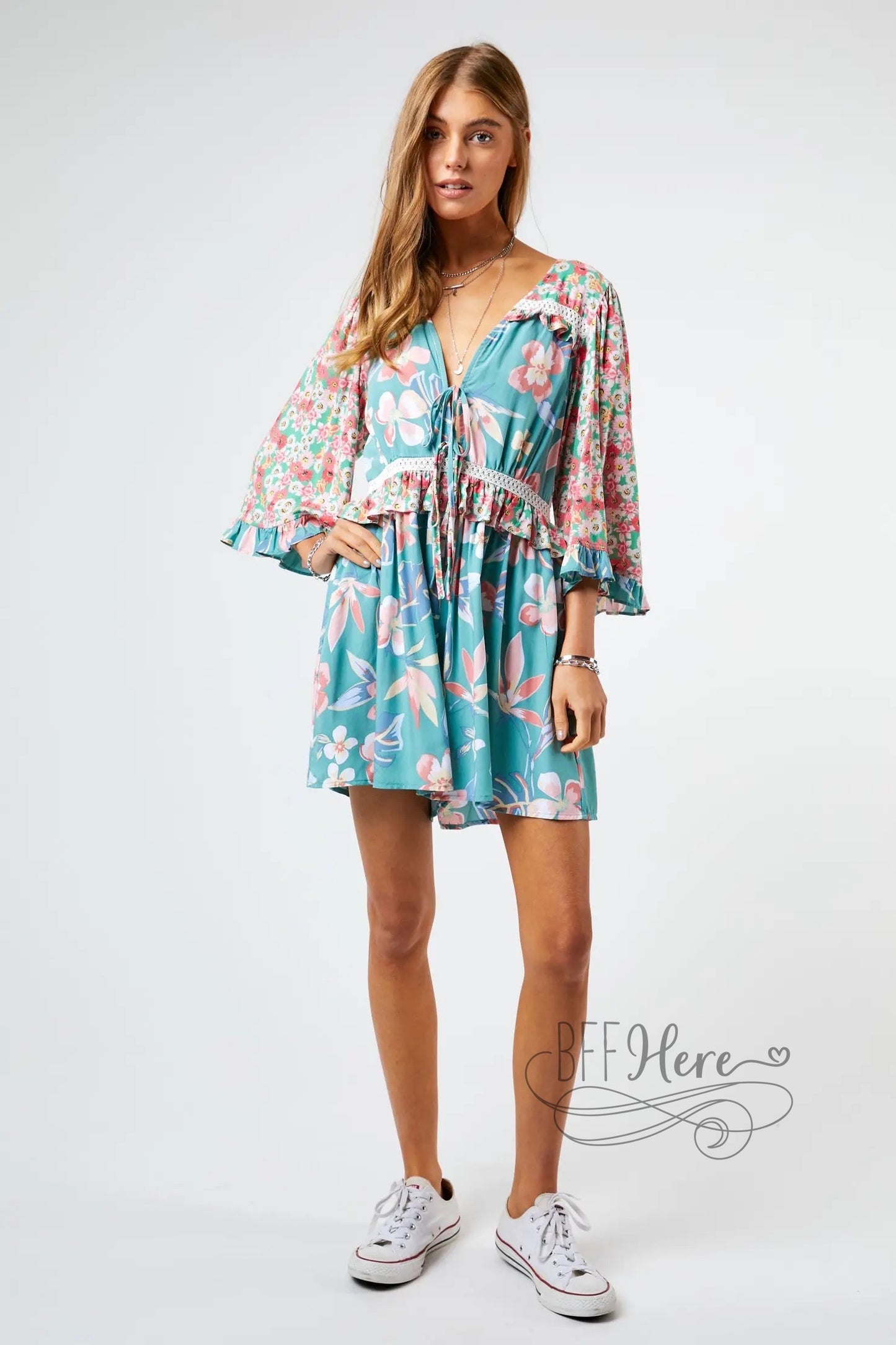 Kona Floral Print Flared Sleeve Romper - BFF Here