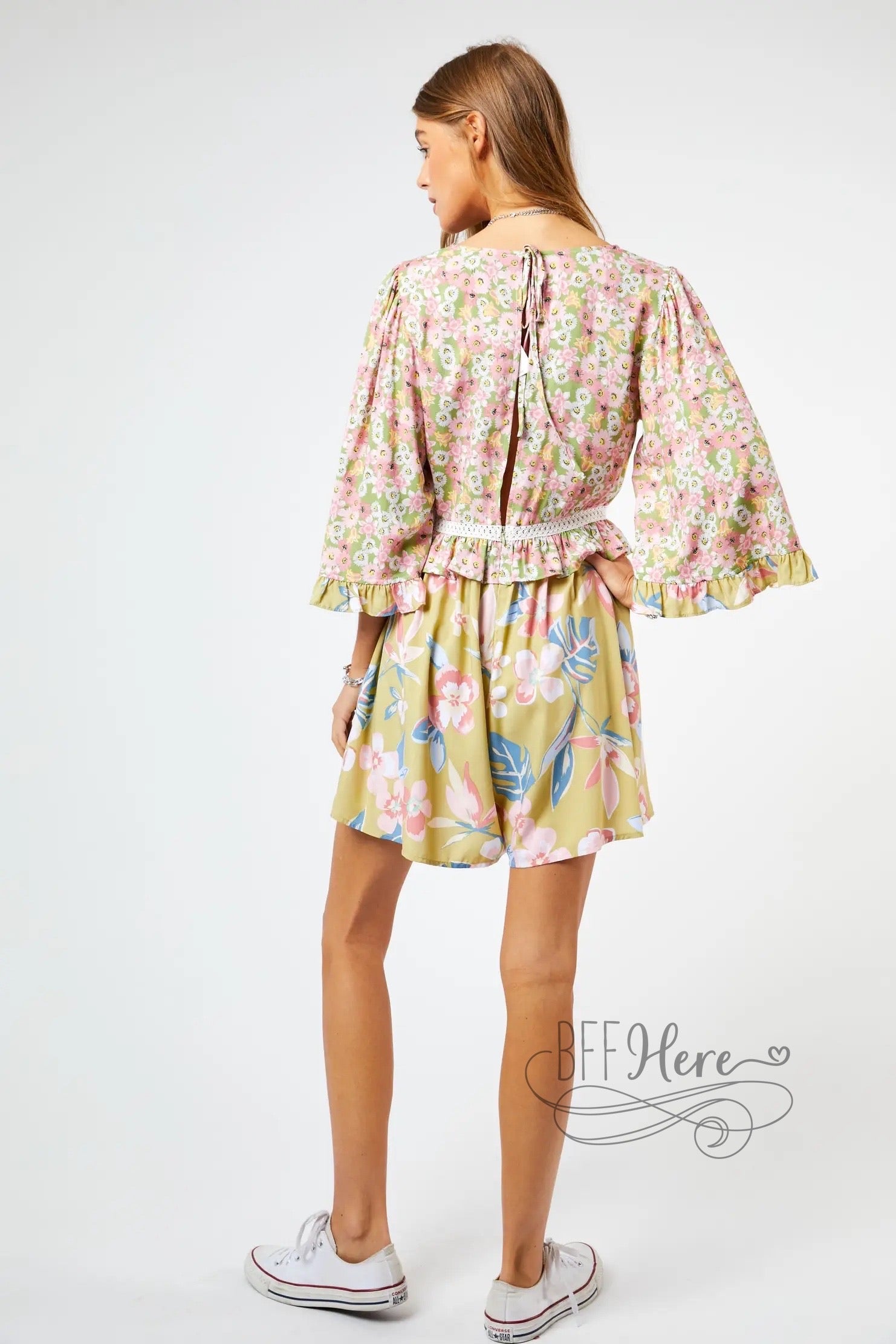 Kona Floral Print Flared Sleeve Romper - BFF Here