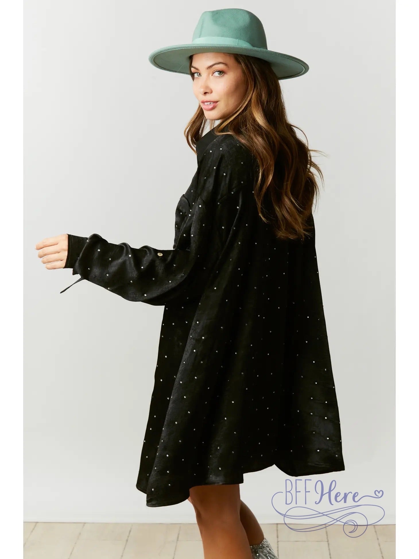 PREORDER: Onyx Radiance: Rhinestone Embellished Shirt Dress - BFF Here