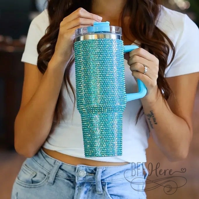 PREORDER — 40 oz. Blue Bling Stainless Steel Tumbler - BFF Here