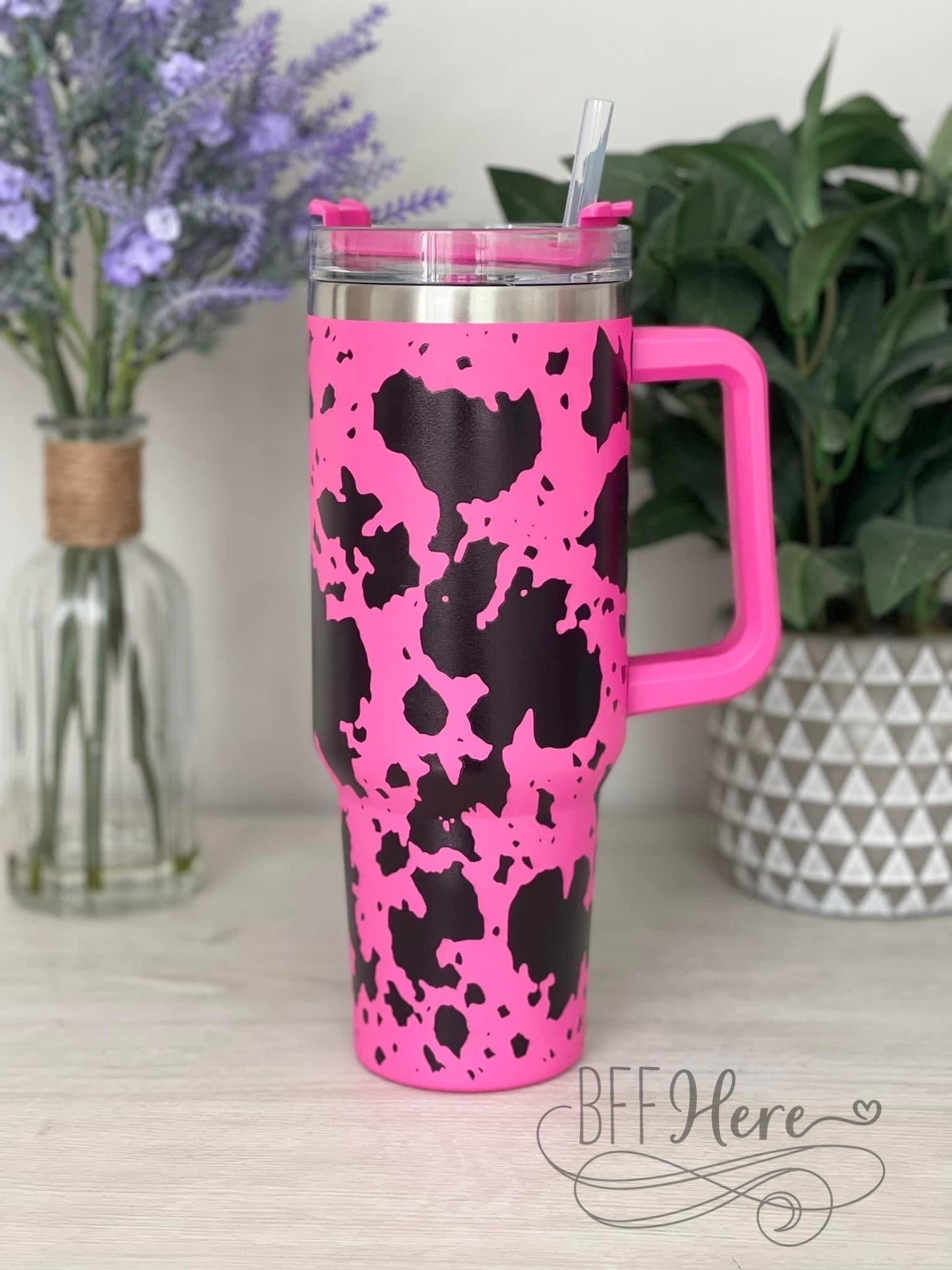 PREORDER — 40 oz. Stainless Steel Cow Tumbler / Hot Pink - BFF Here