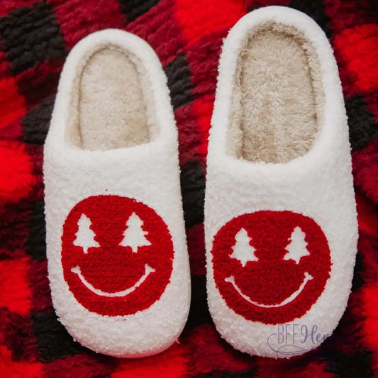 PREORDER—Red Christmas Tree Happy Face  Slippers - BFF Here