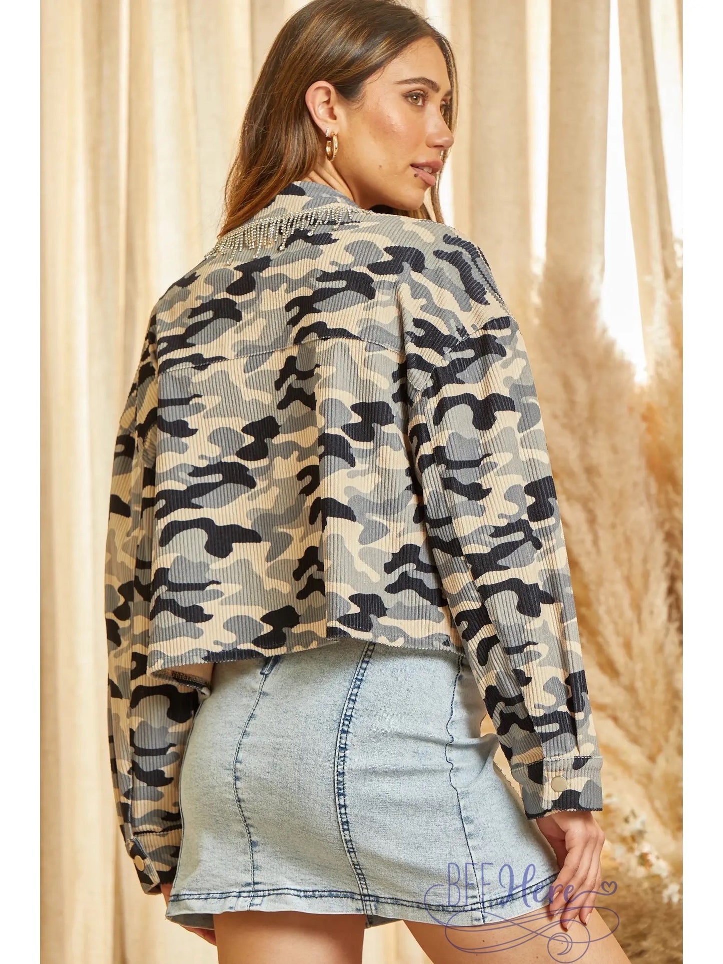 Urban Sparkle: Rhinestone-Detailed Camo Jacket - BFF Here