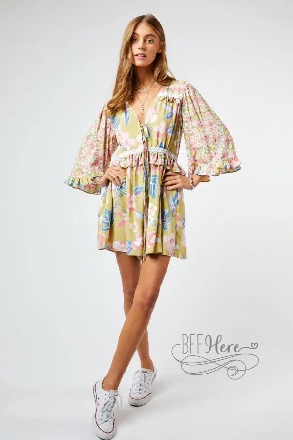 Kona Floral Print Flared Sleeve Romper - BFF Here