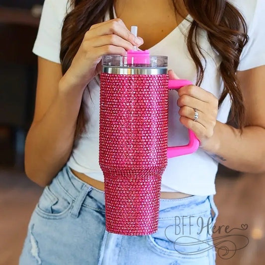 PREORDER — 40 oz. Hot Pink Bling Stainless Steel Tumbler - BFF Here